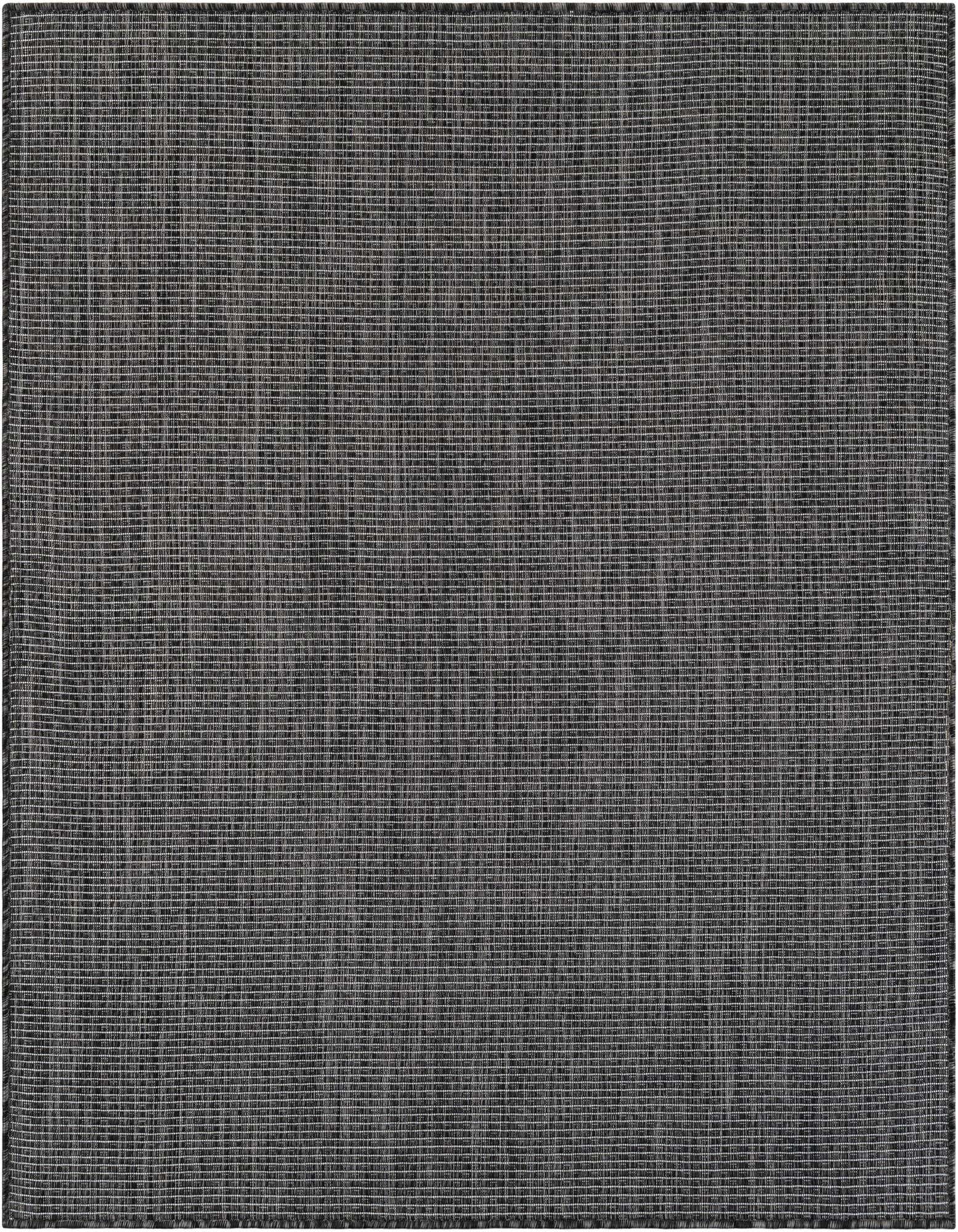 A 5' 3 x 5' 3 square black modern flatweave rug with a subtle textured pattern, suitable for indoor or outdoor use.