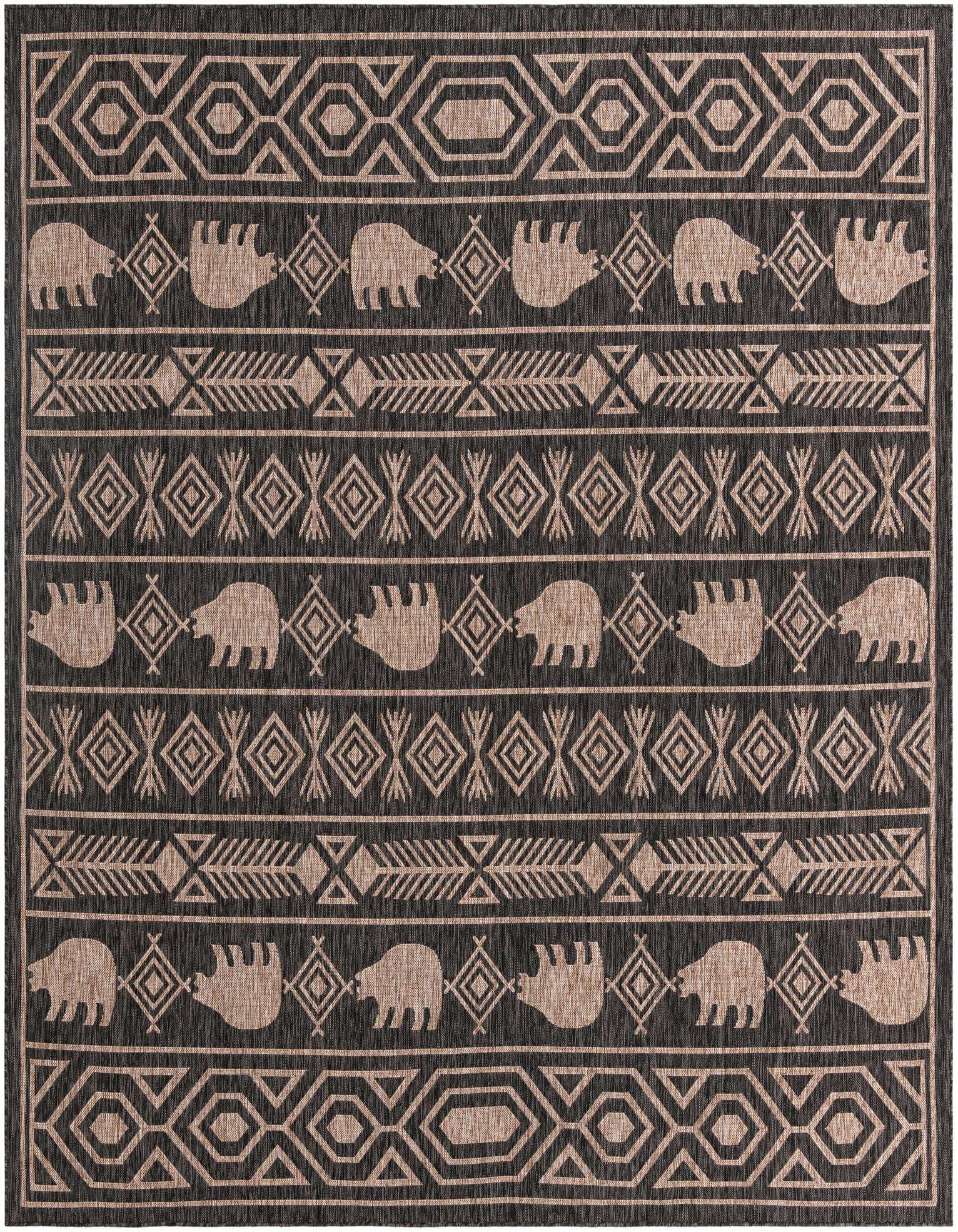 A 10'x10' square black and beige tribal rug with bear and arrow patterns, suitable for indoor/outdoor use.