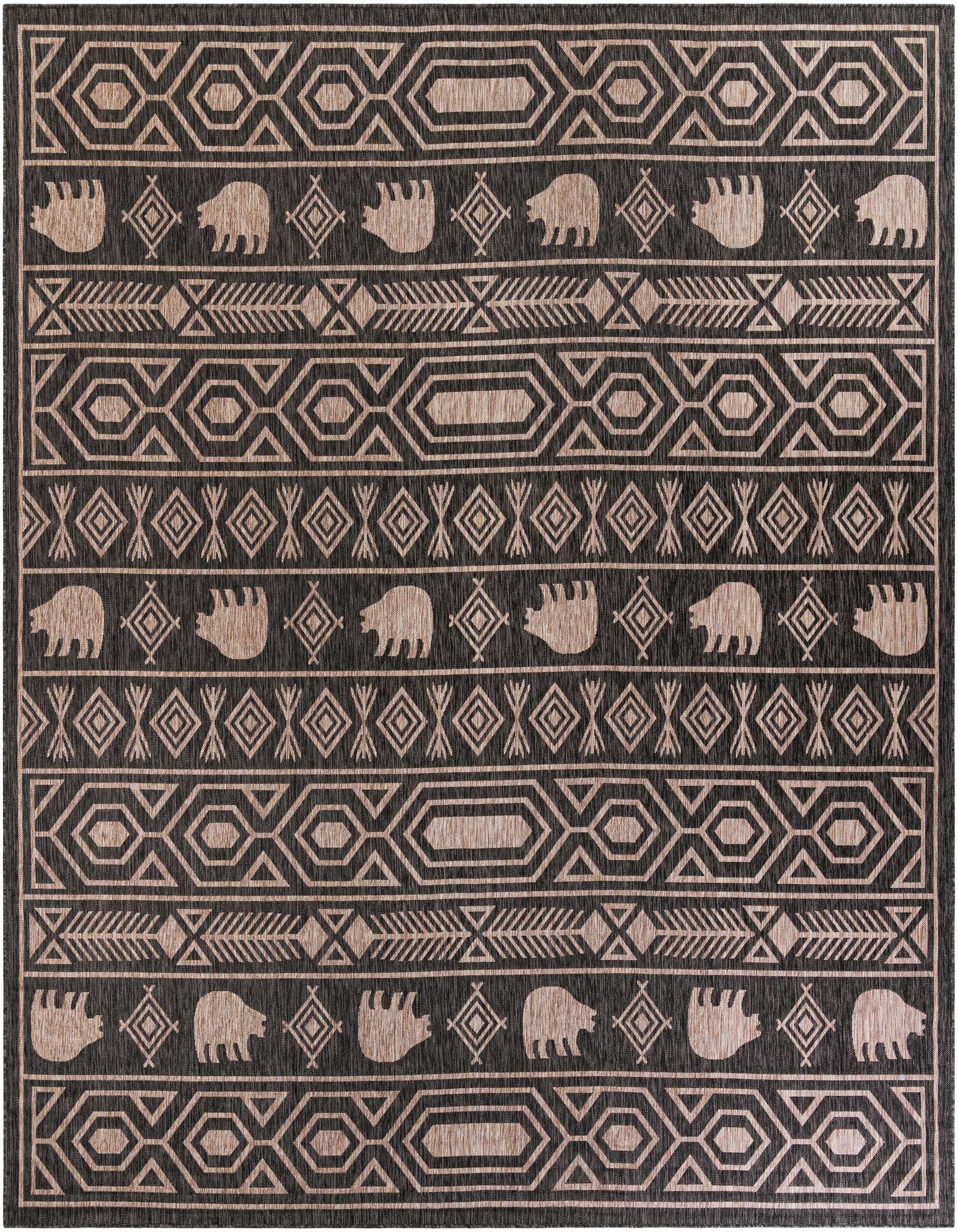 A 12'x12' square black and beige tribal rug with bear motifs and geometric patterns, suitable for indoor or outdoor use.