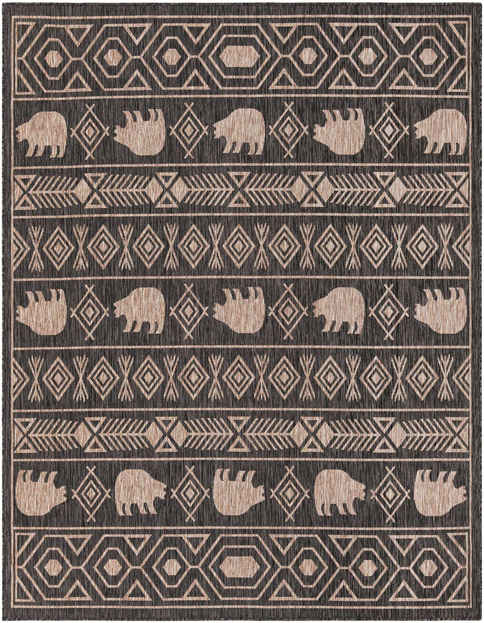A 7' 10 x 7' 10 square black and tan Southwestern rug with tribal patterns and bear motifs, suitable for a patio.