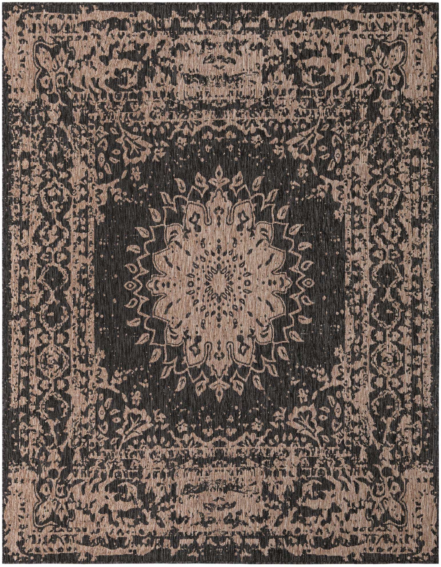 A 7' 10 x 7' 10 square black and beige vintage medallion rug with a textured flatweave.