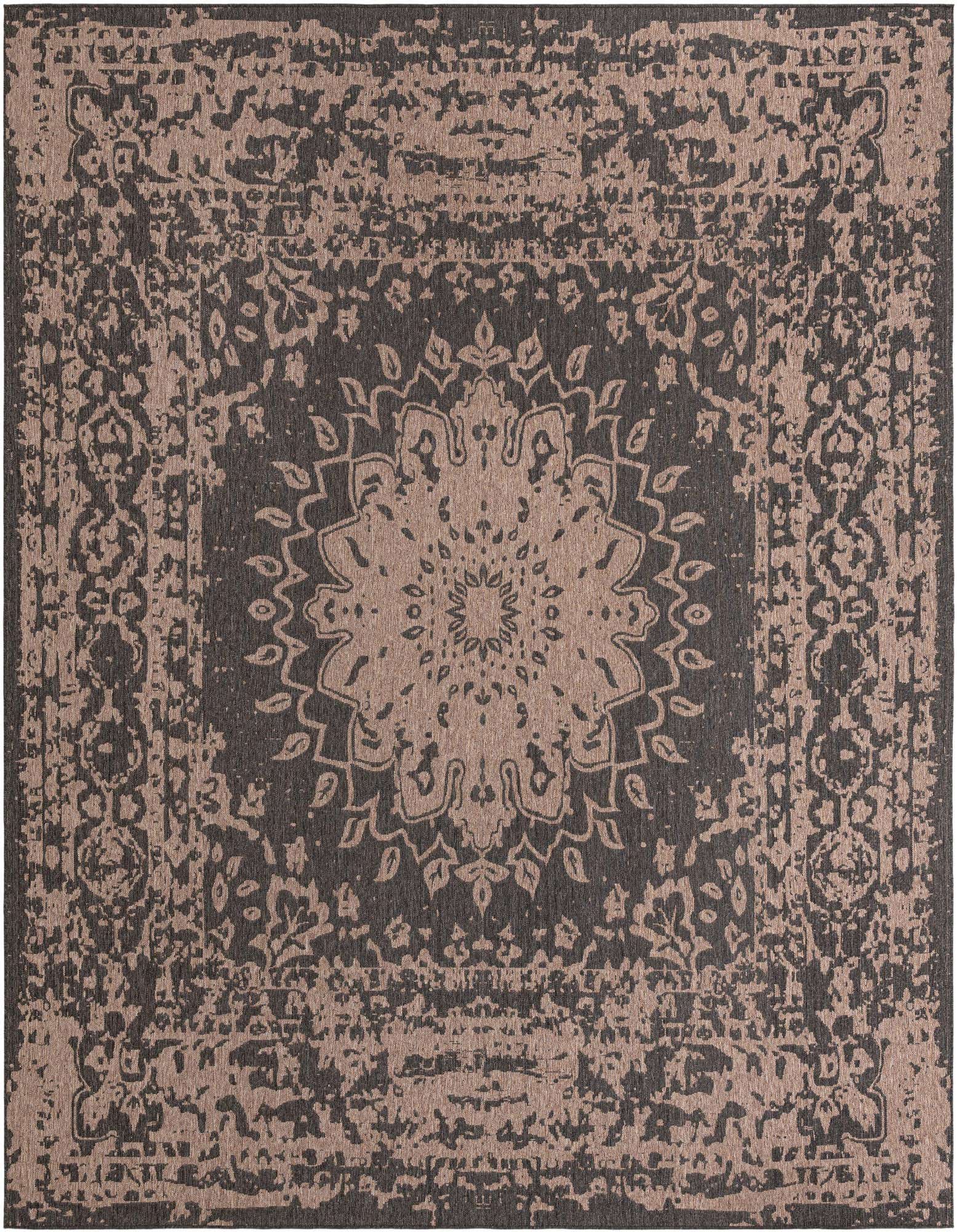 A 13' square black and beige modern outdoor rug with a large central medallion and distressed traditional patterns.