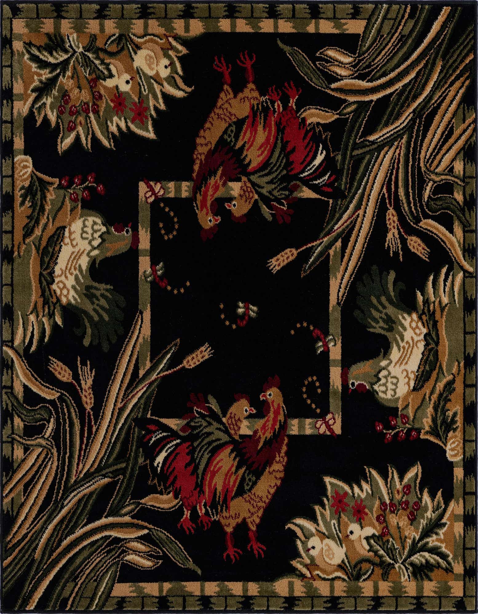 A black square rug with a detailed traditional botanical pattern featuring roosters, hens, and wheat stalks.