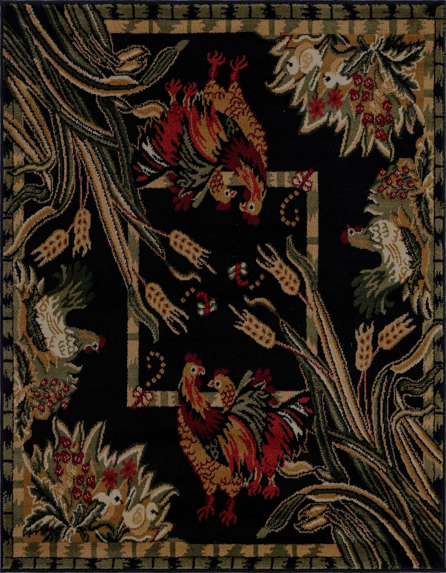 A 4'x4' square black rug featuring a traditional botanical and country pattern with roosters and wheat stalks.