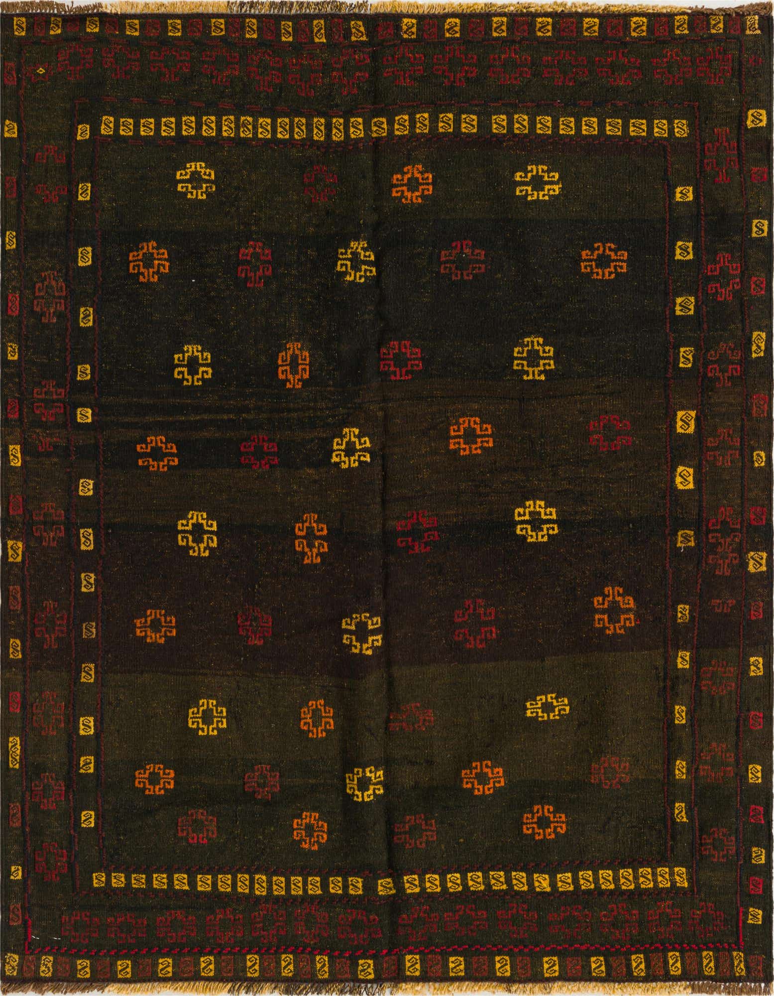 A square black Sumak wool rug with traditional tribal patterns in red, orange, and yellow, featuring a flat pile.