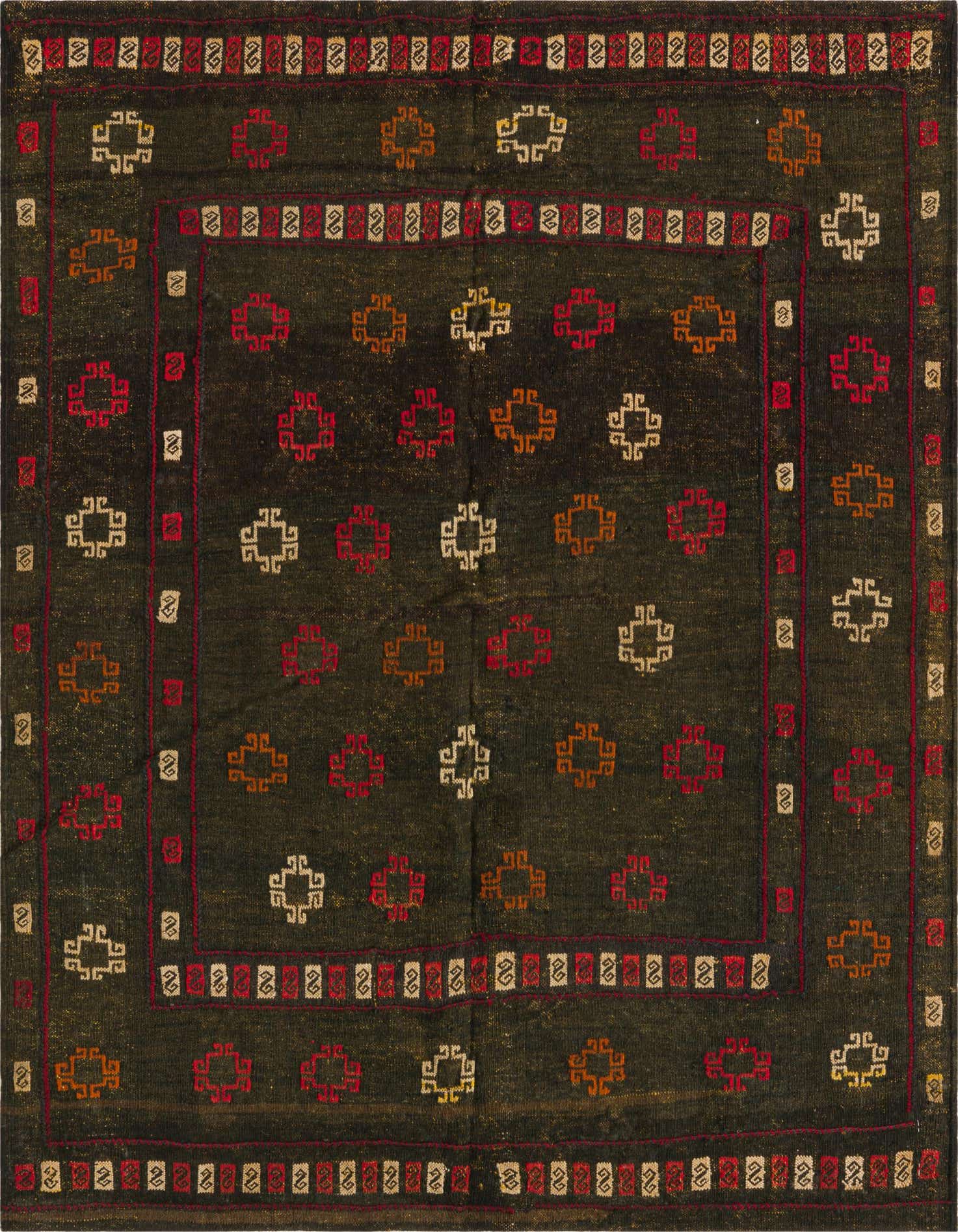 A square black Sumak rug with a traditional tribal pattern in red, orange, and cream geometric motifs.