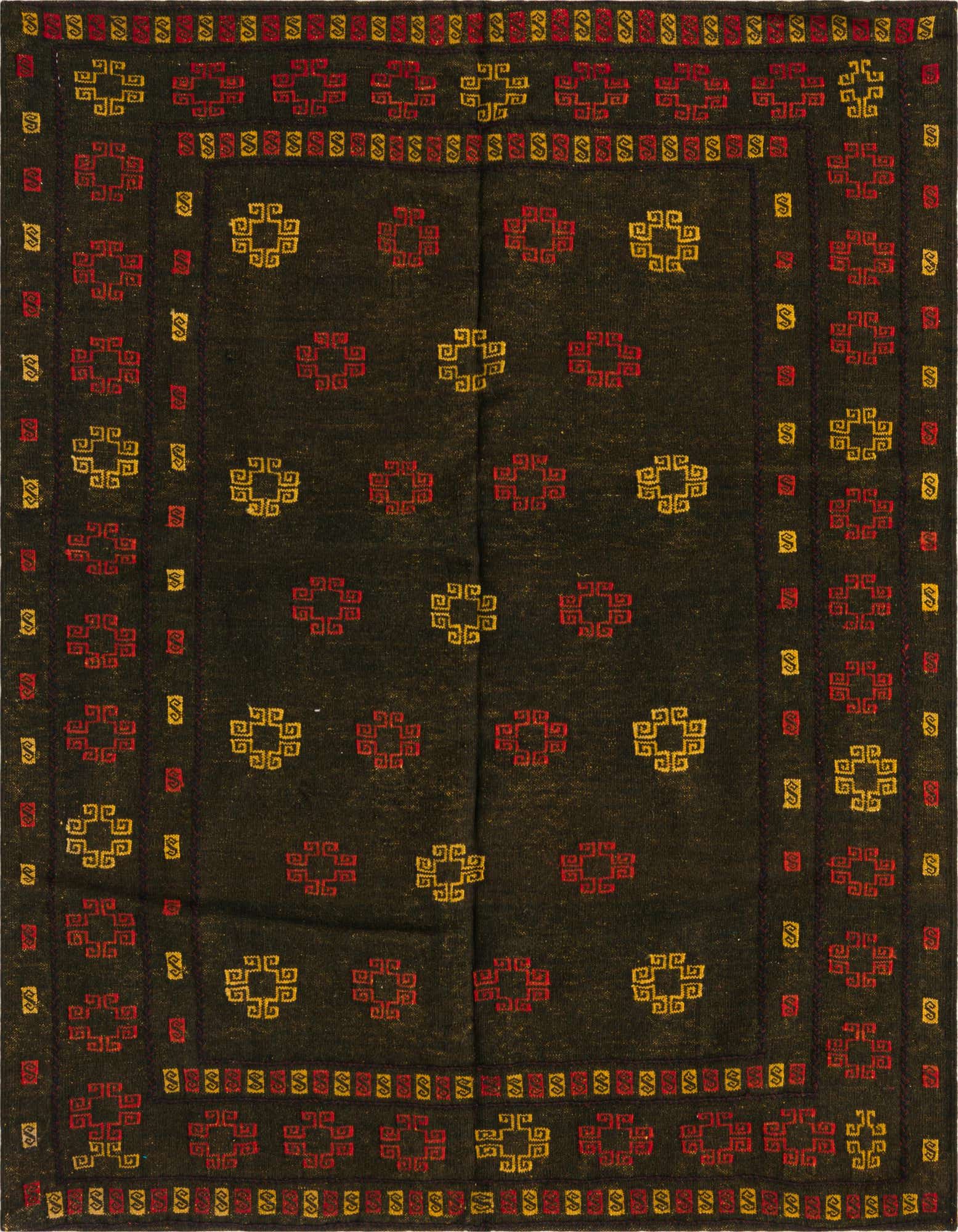 A 4' 3 x 4' 5 square black wool rug with a traditional tribal pattern in red and yellow.