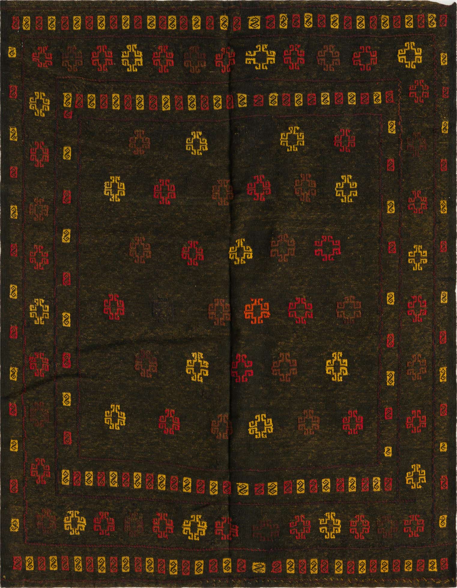 A 4'3" x 4'4" square black Sumak rug with a tribal pattern in red and yellow, featuring a border and repeating central motifs.