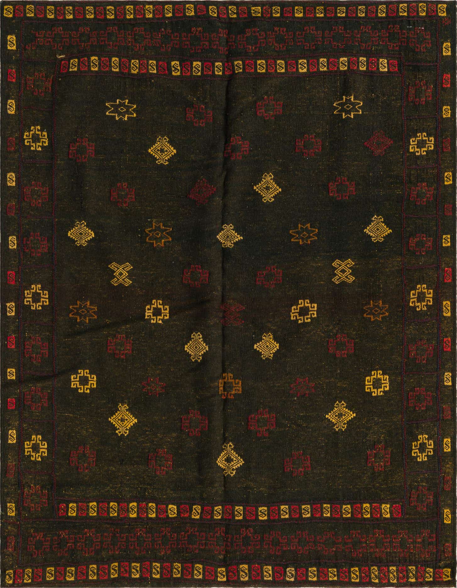 A 4' 2 x 4' 4 square black Sumak rug with traditional tribal patterns in red and gold.