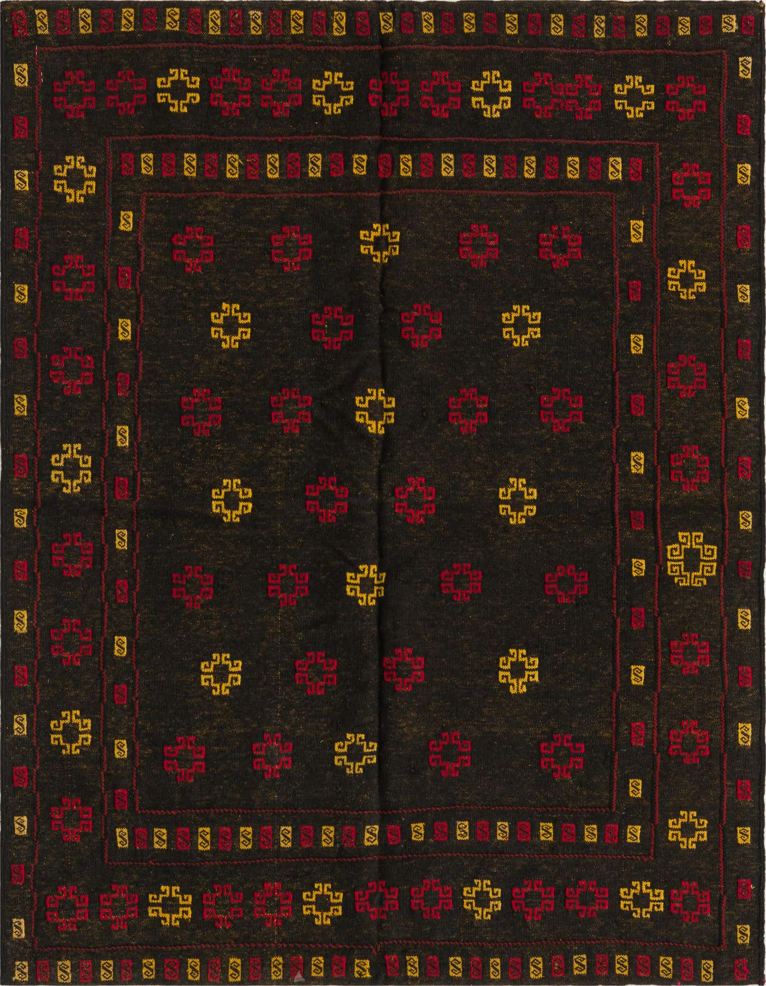 A square black flatweave rug with a traditional tribal pattern in red and gold, featuring a central field of scattered motifs and a multi-layered border.