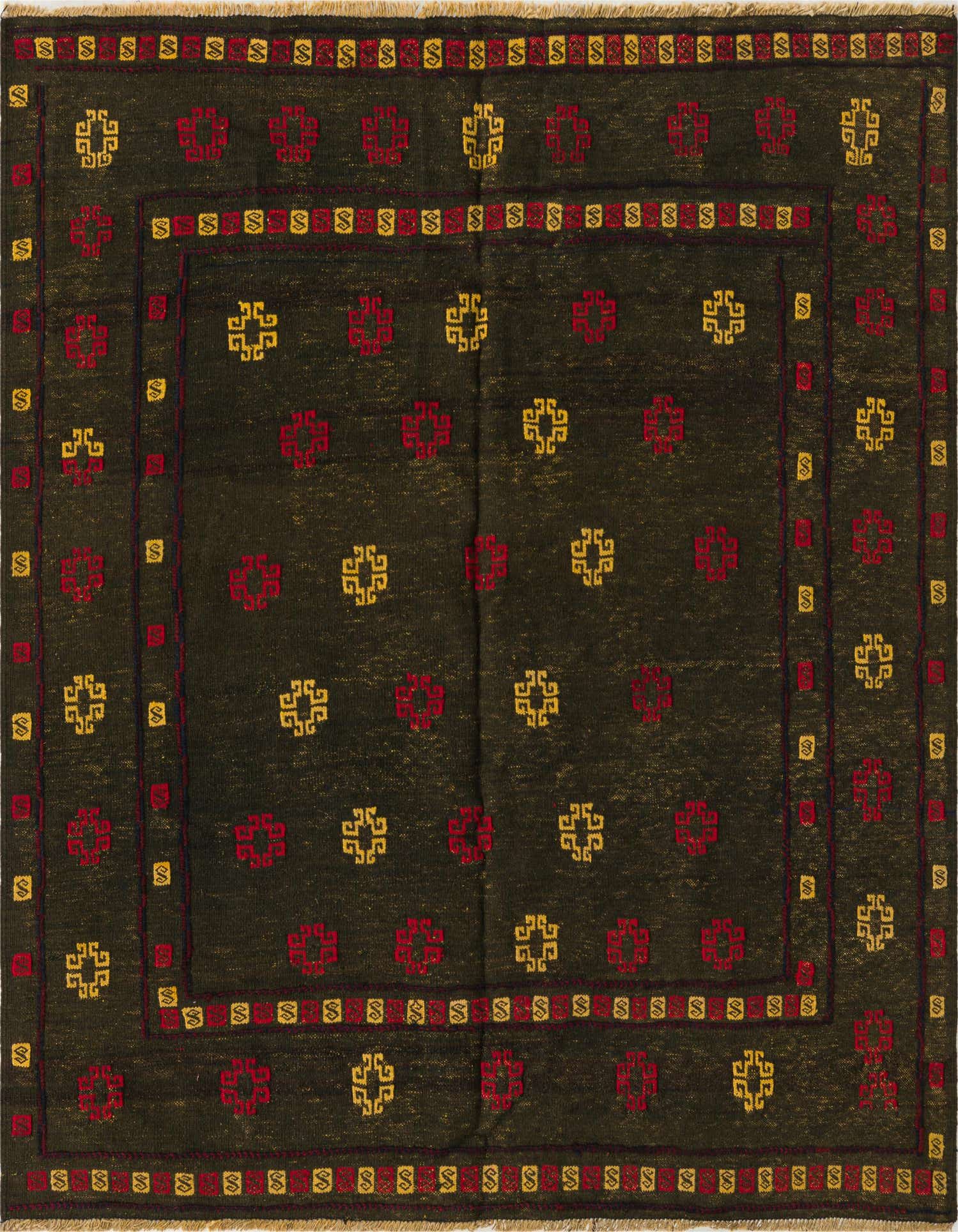 A square 4' 4 x 4' 7 black wool rug with a traditional tribal pattern in red and yellow.