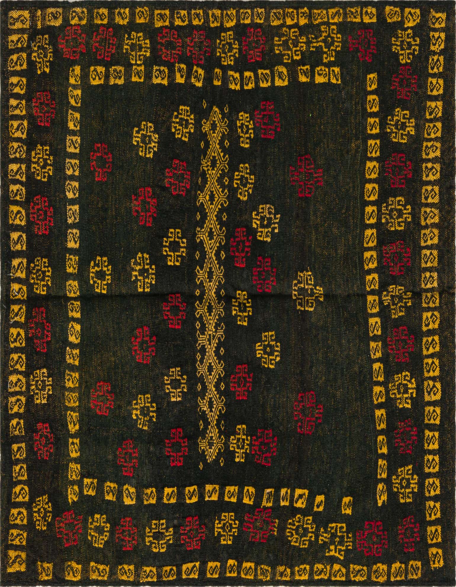 A square black Sumak rug with a central yellow tribal motif and scattered red and yellow floral patterns, framed by a yellow border.