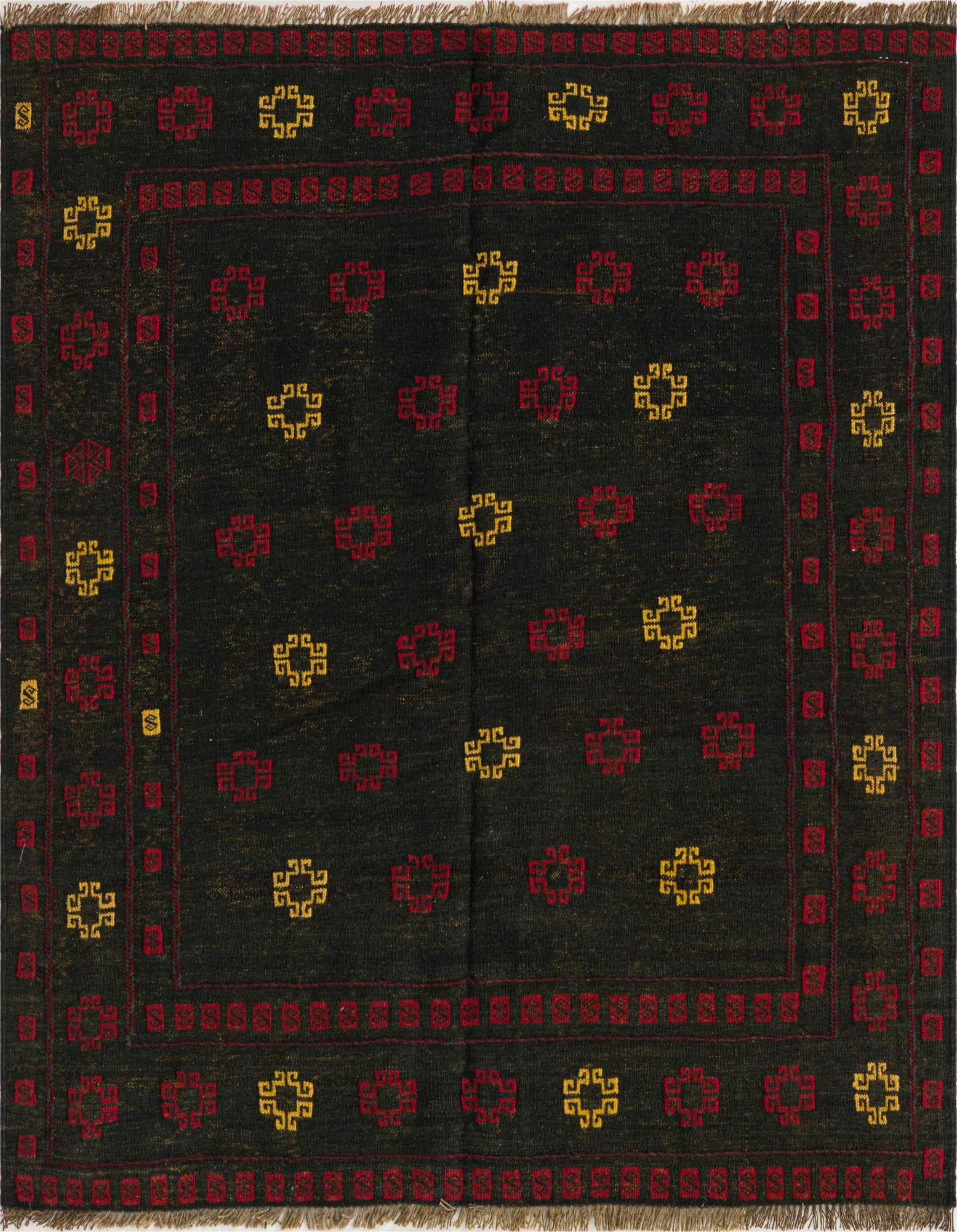 A 4' 2 x 4' 3 square black Sumak rug with a traditional tribal pattern in red and gold, featuring a border and scattered motifs.