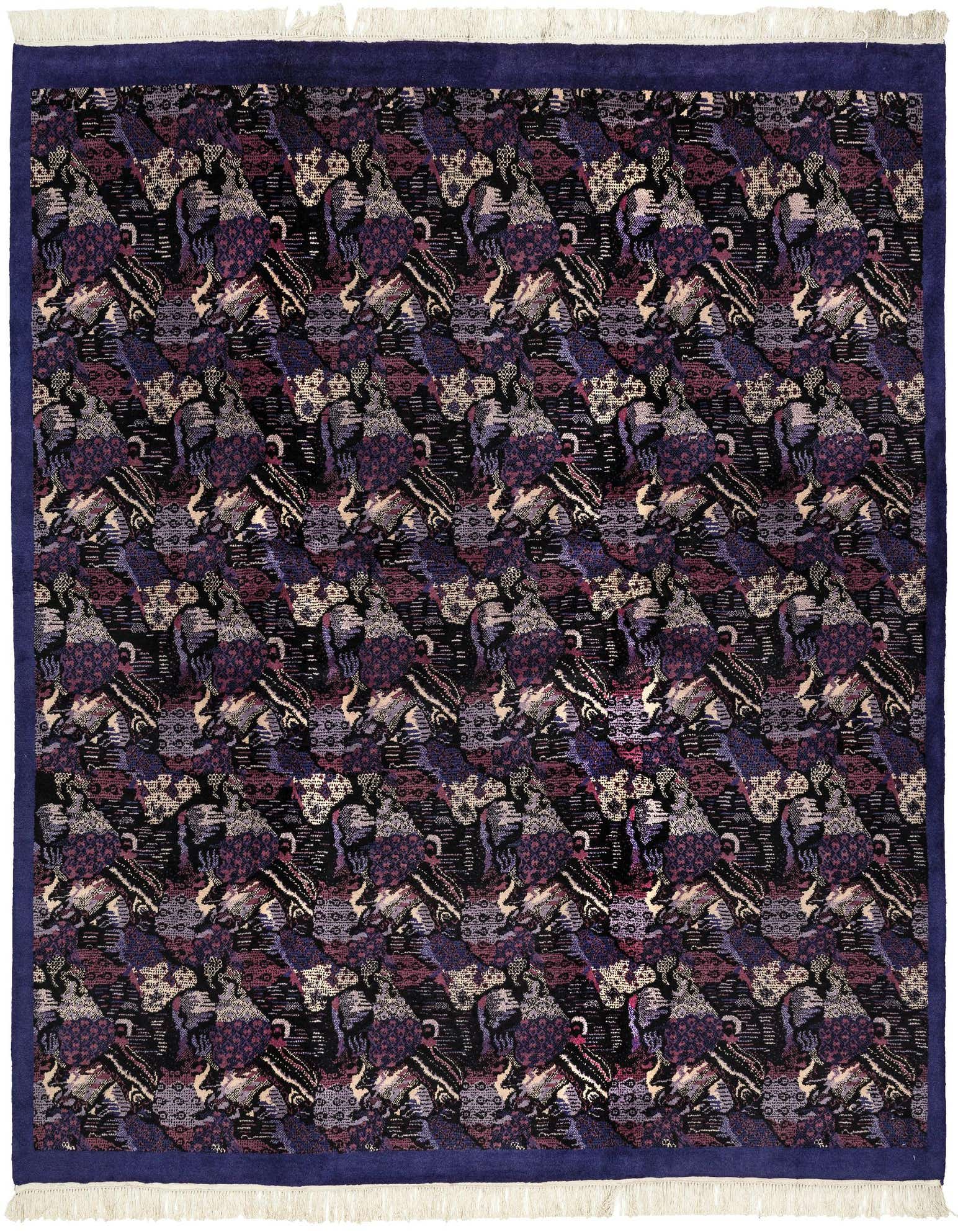 A 7' 6 x 8' 0 square black wool rug with an abstract modern pattern in purple, cream, and blue, featuring a solid blue border and white fringe.