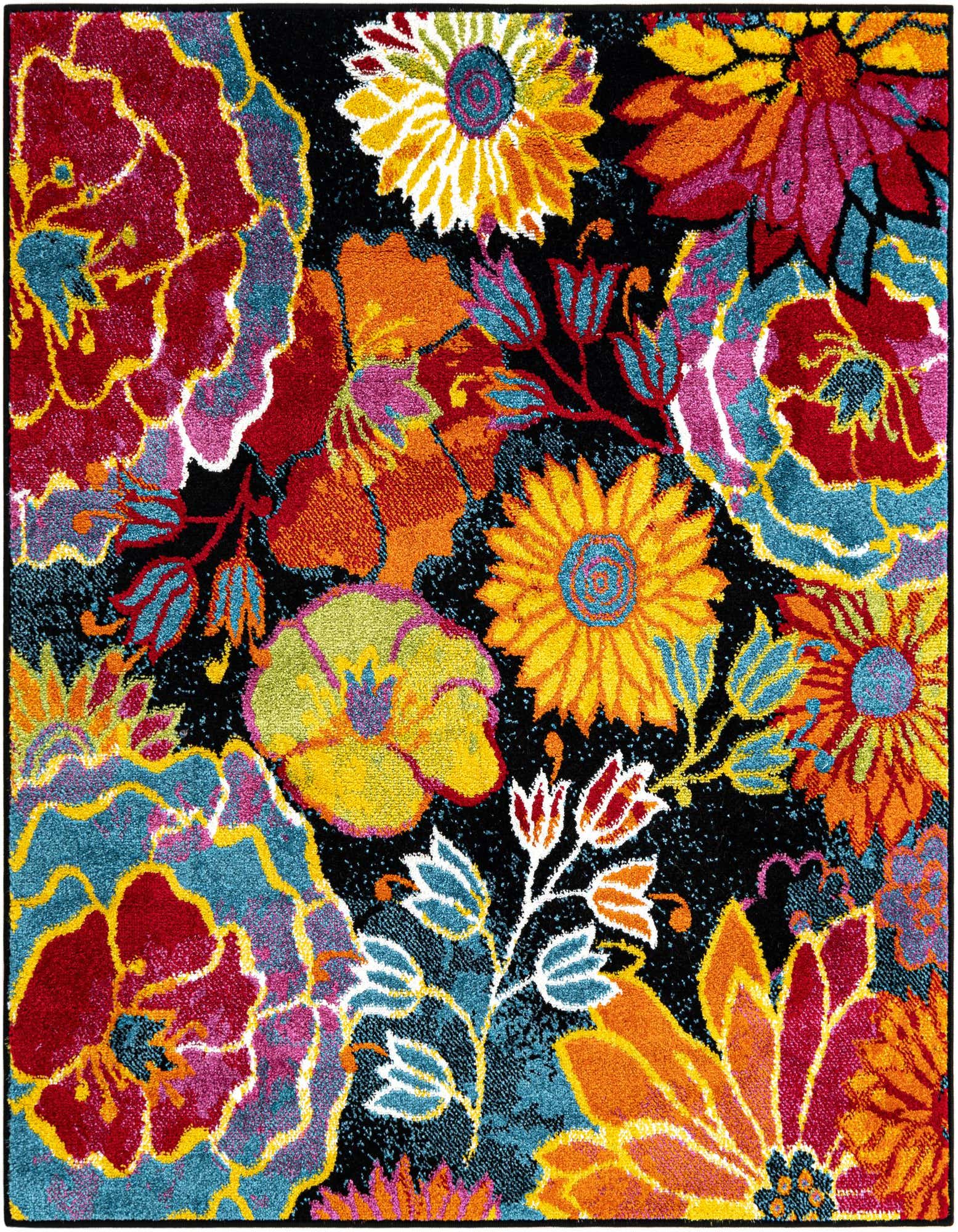 A vibrant 4'x4' square rug featuring a bold contemporary floral pattern with large blooms in red, orange, yellow, pink, and blue on a black background.