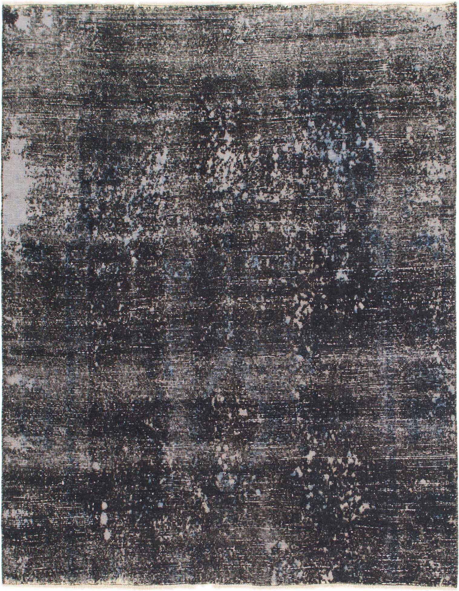 A 6' 7 x 6' 10 square black and grey abstract area rug with a distressed, vintage-inspired pattern.