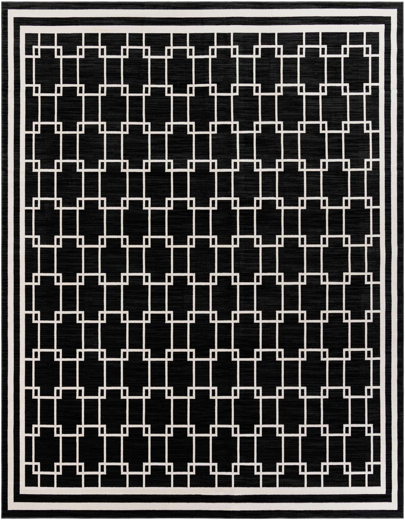 A 10'x10' square black modern rug with a repeating white geometric square pattern and a triple-line white border.