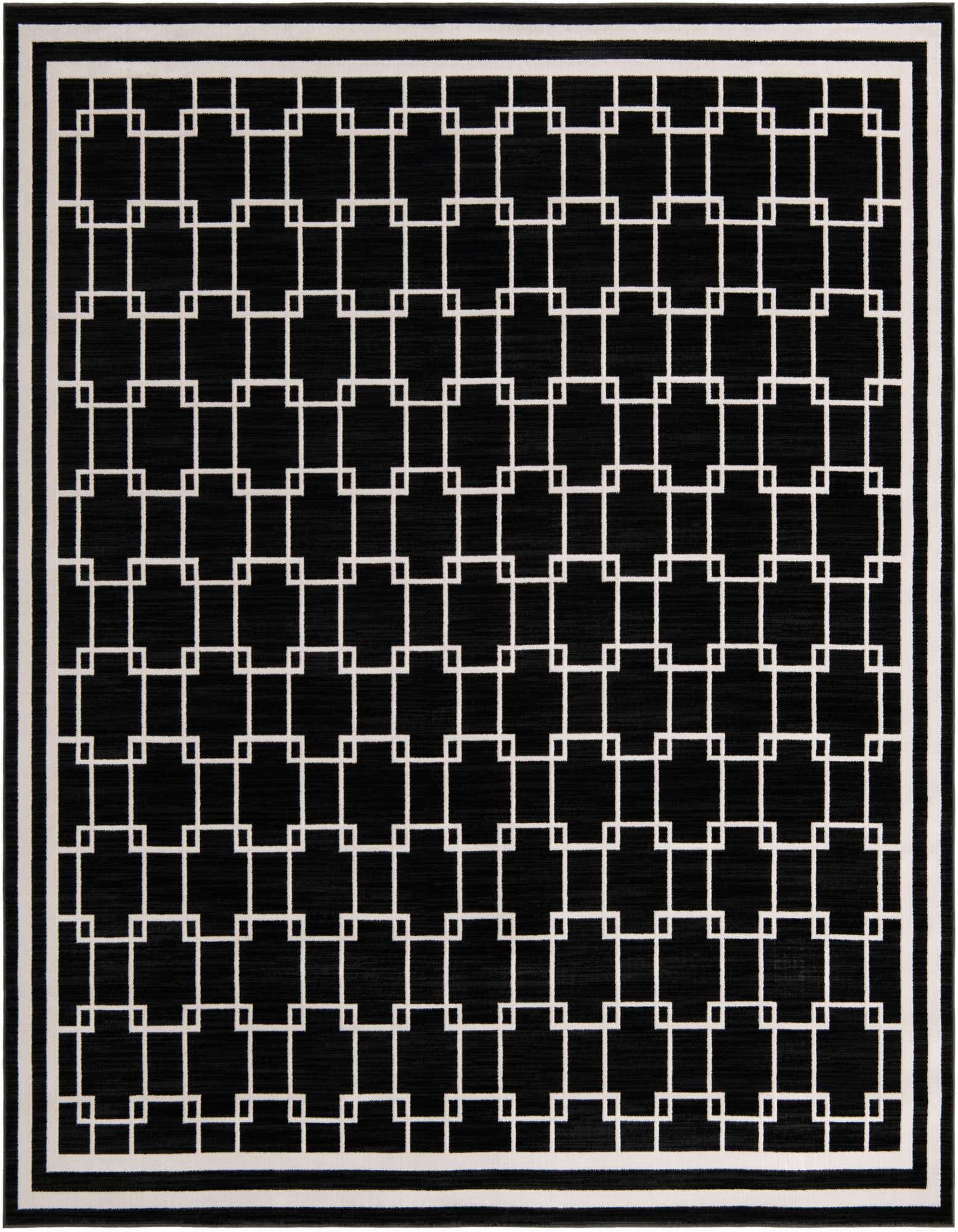 A 7' 10 x 7' 10 square black rug with a modern white geometric grid pattern and a triple border.