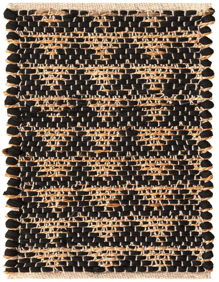 Close-up of a black and natural jute stair rug with a textured, flatweave pattern, showcasing its handmade quality.