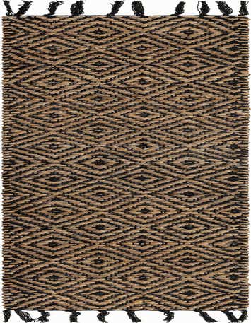A 1' 2 x 6' 1 black and natural jute runner rug with a textured diamond pattern and black fringe.