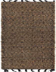 A black and natural jute runner rug with a diamond pattern and black tassels, suitable for a hallway or table.