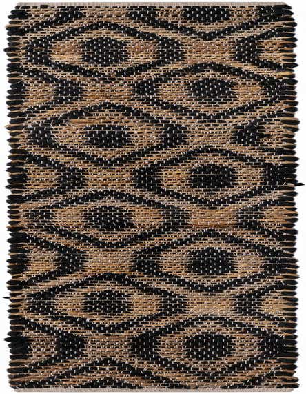 A black and natural jute runner rug with an abstract geometric pattern, perfect for a hallway or kitchen.
