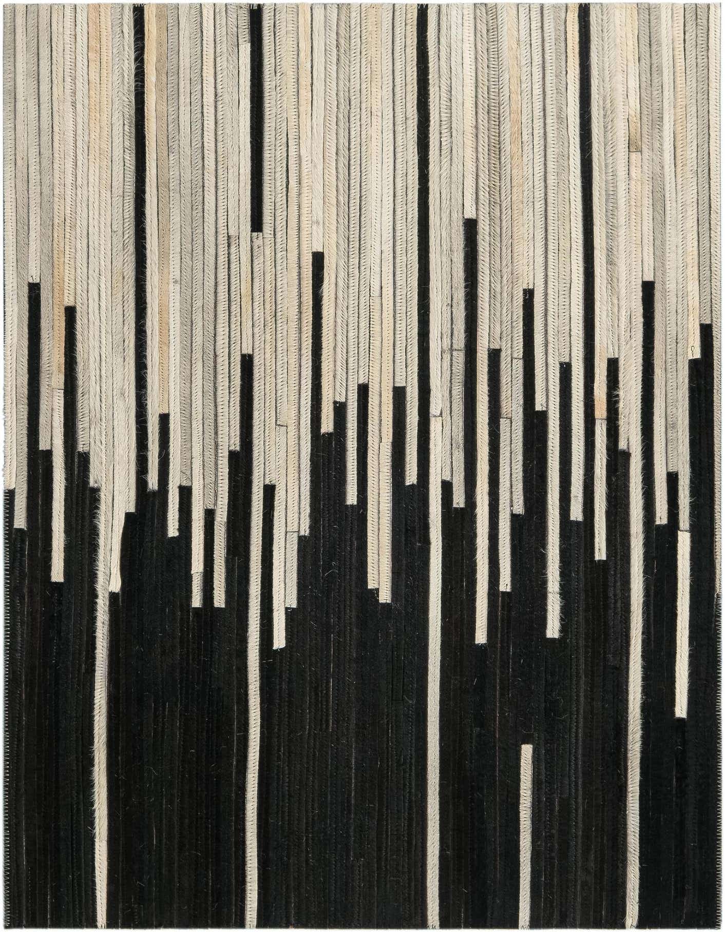 A 2x3 rectangular Cowhide Leather rug featuring an abstract pattern of black and ivory vertical strips.