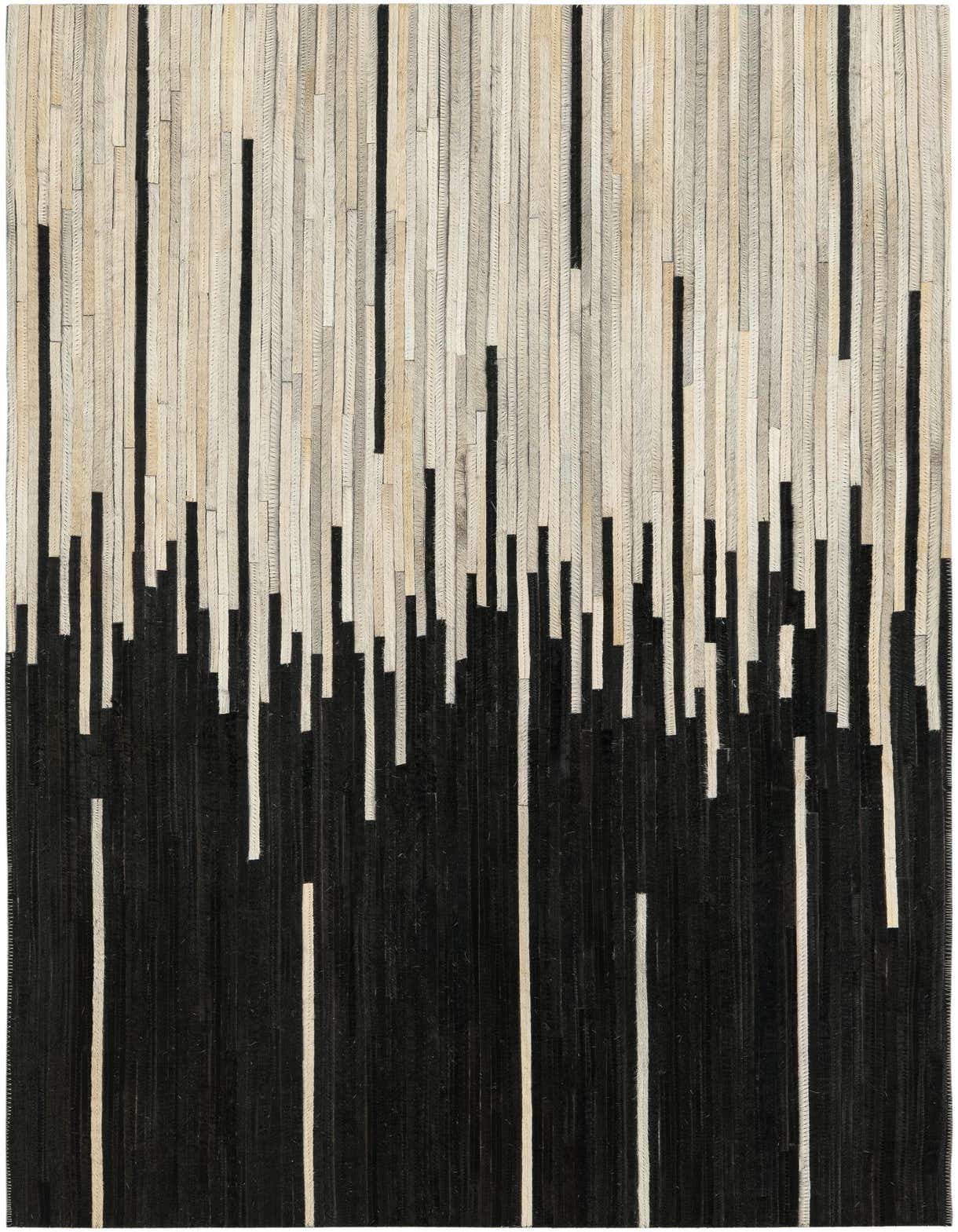 A 3x5 rectangular modern cowhide rug featuring an abstract pattern of black and ivory strips, resembling a city skyline.
