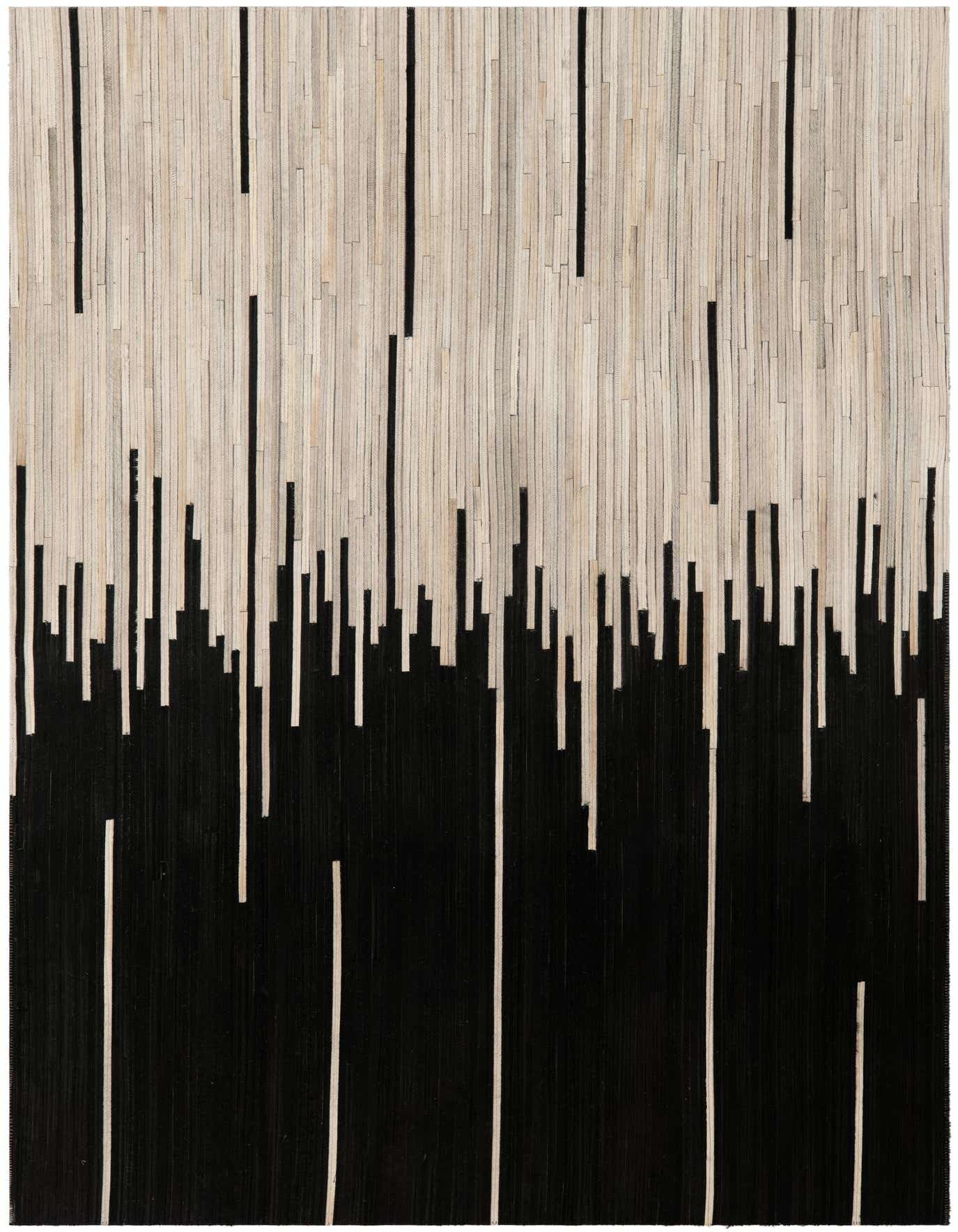 A 4x6 rectangular Cowhide Leather rug featuring an abstract black and ivory pattern, resembling rain or a city skyline.