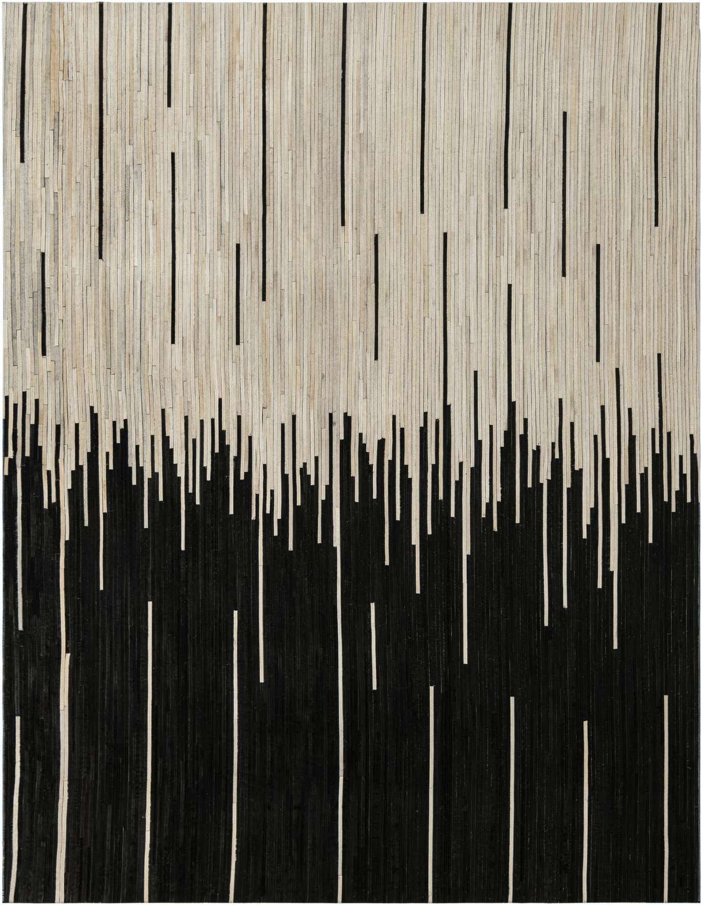 A 6x9 rectangular Cowhide Leather rug featuring an abstract, modern design with black and ivory vertical stripes.
