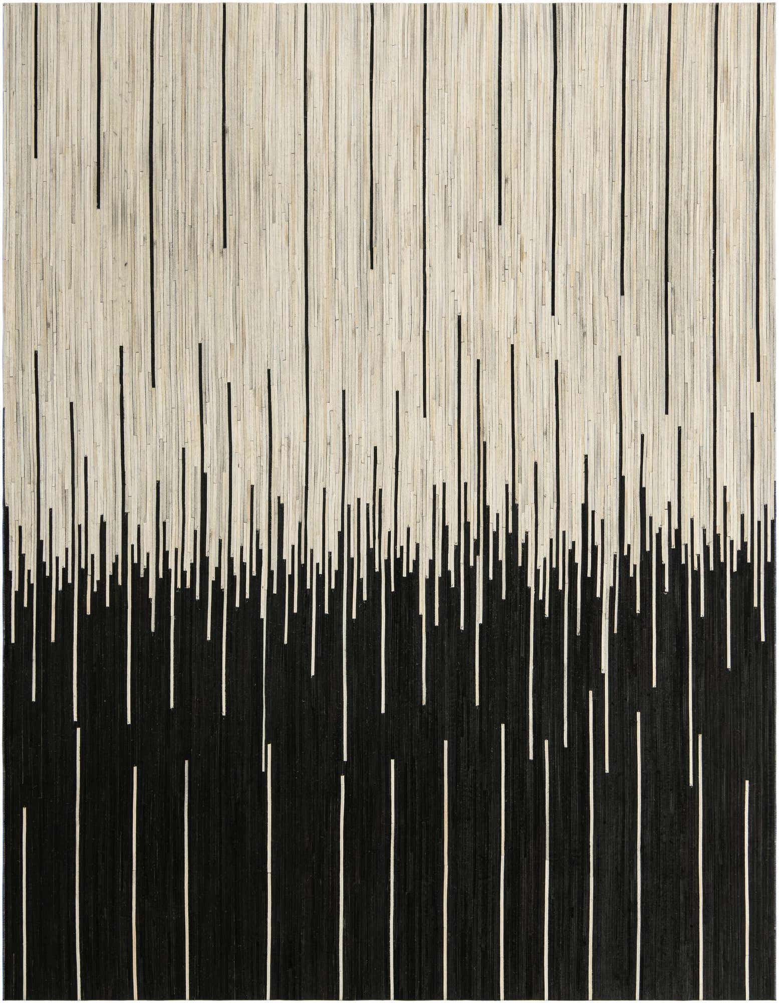 A modern 8x10 rectangular rug featuring an abstract pattern of vertical black and ivory lines, creating a striking visual.
