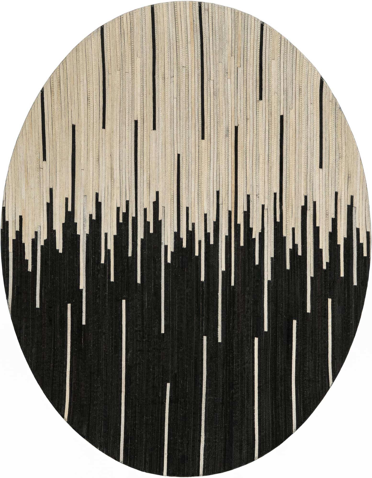 Round Cowhide Leather rug, 4' 1 x 4' 1, featuring a modern abstract design with a black bottom half and ivory top half, connected by vertical stripes.