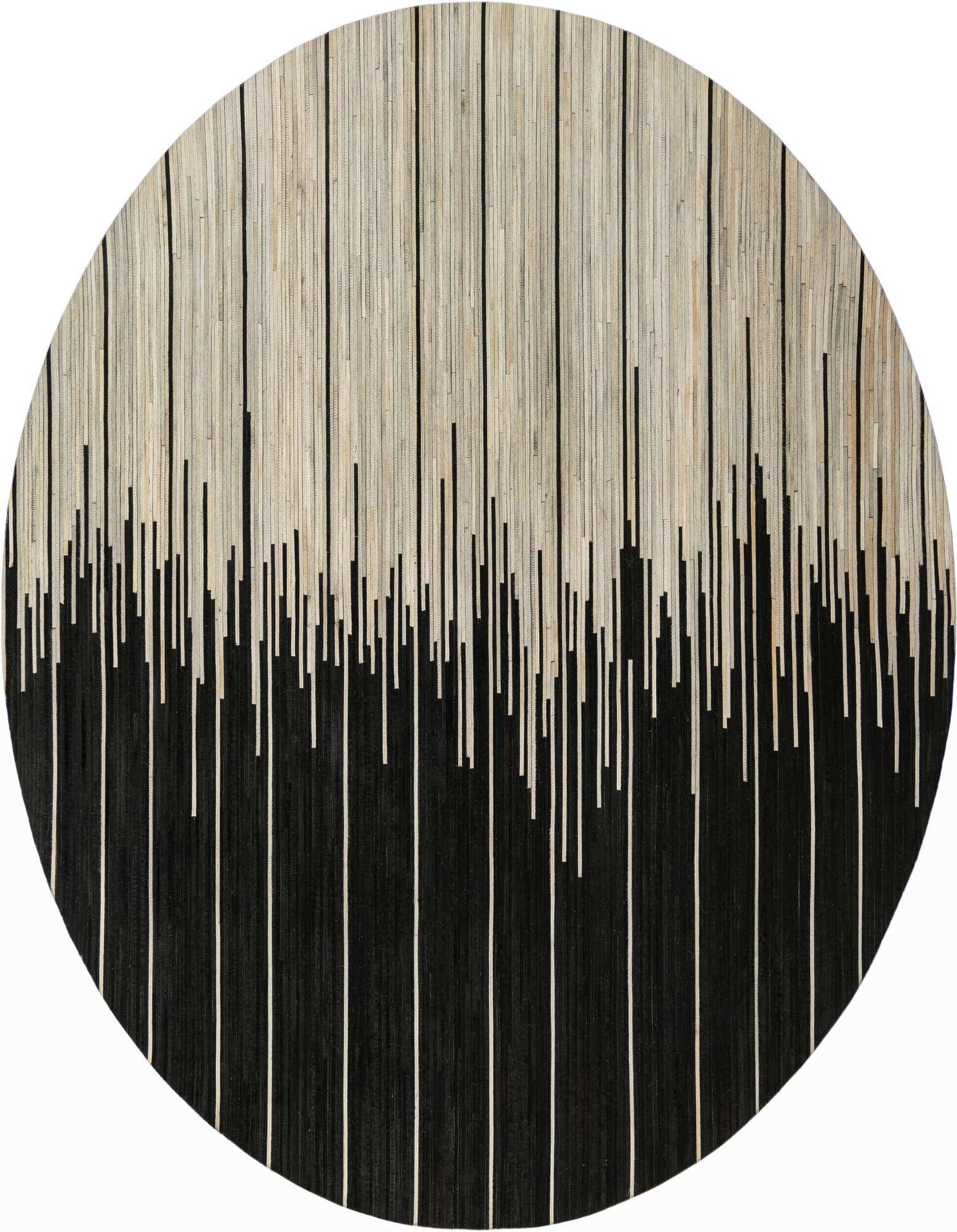 A round 7' 10 x 7' 10 black and ivory modern cowhide leather rug with an abstract vertical stripe pattern.
