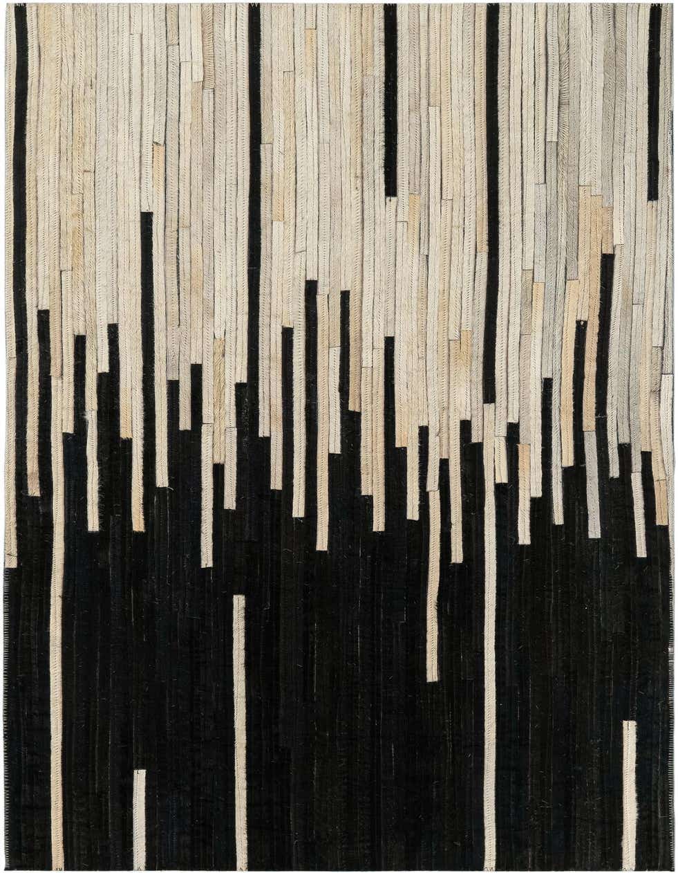 A modern 4 ft runner rug featuring an abstract pattern of black and ivory leather strips, ideal for a hallway.