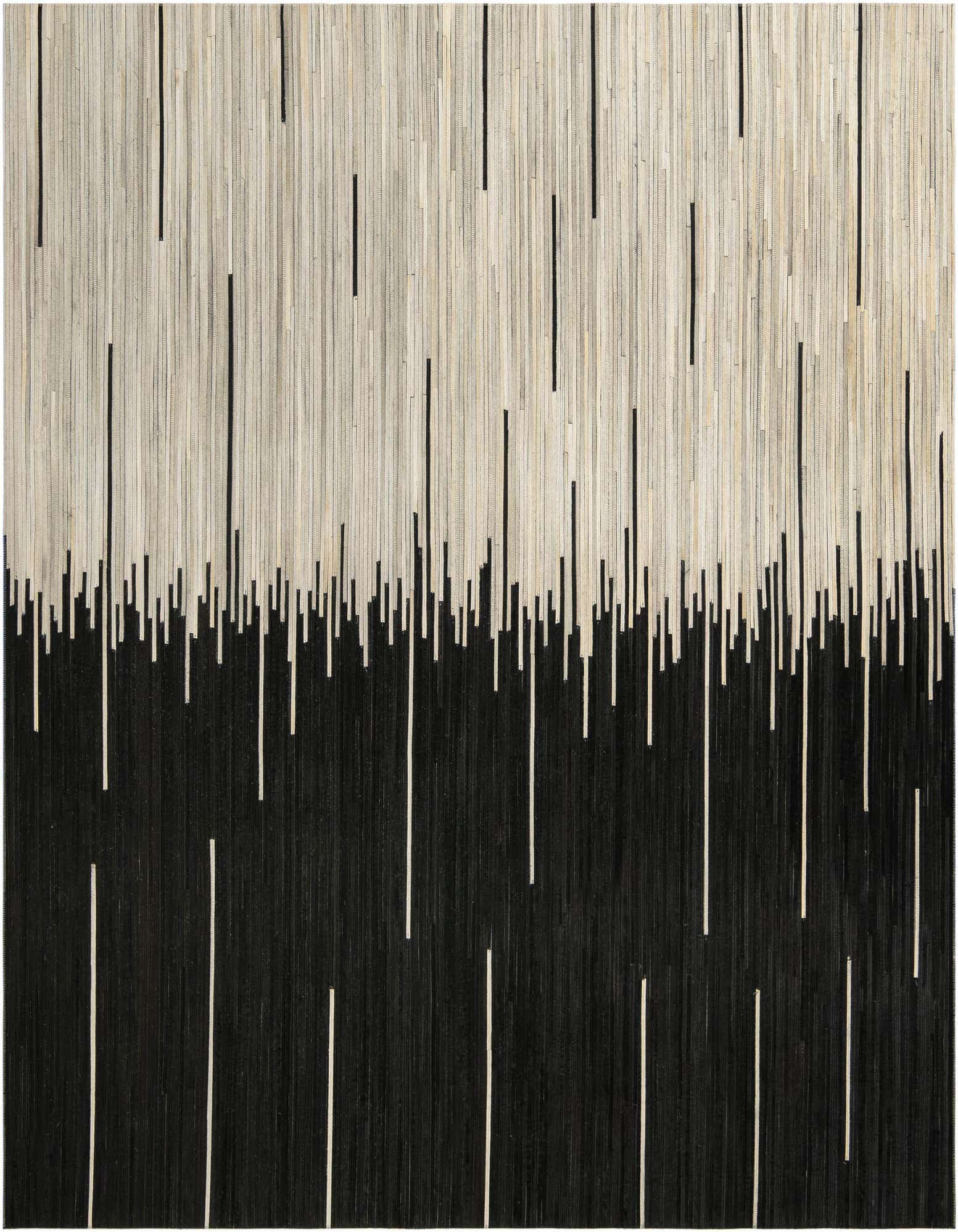 A square Cowhide Leather rug featuring a modern abstract design with a black bottom half and an ivory top half, separated by a jagged line.