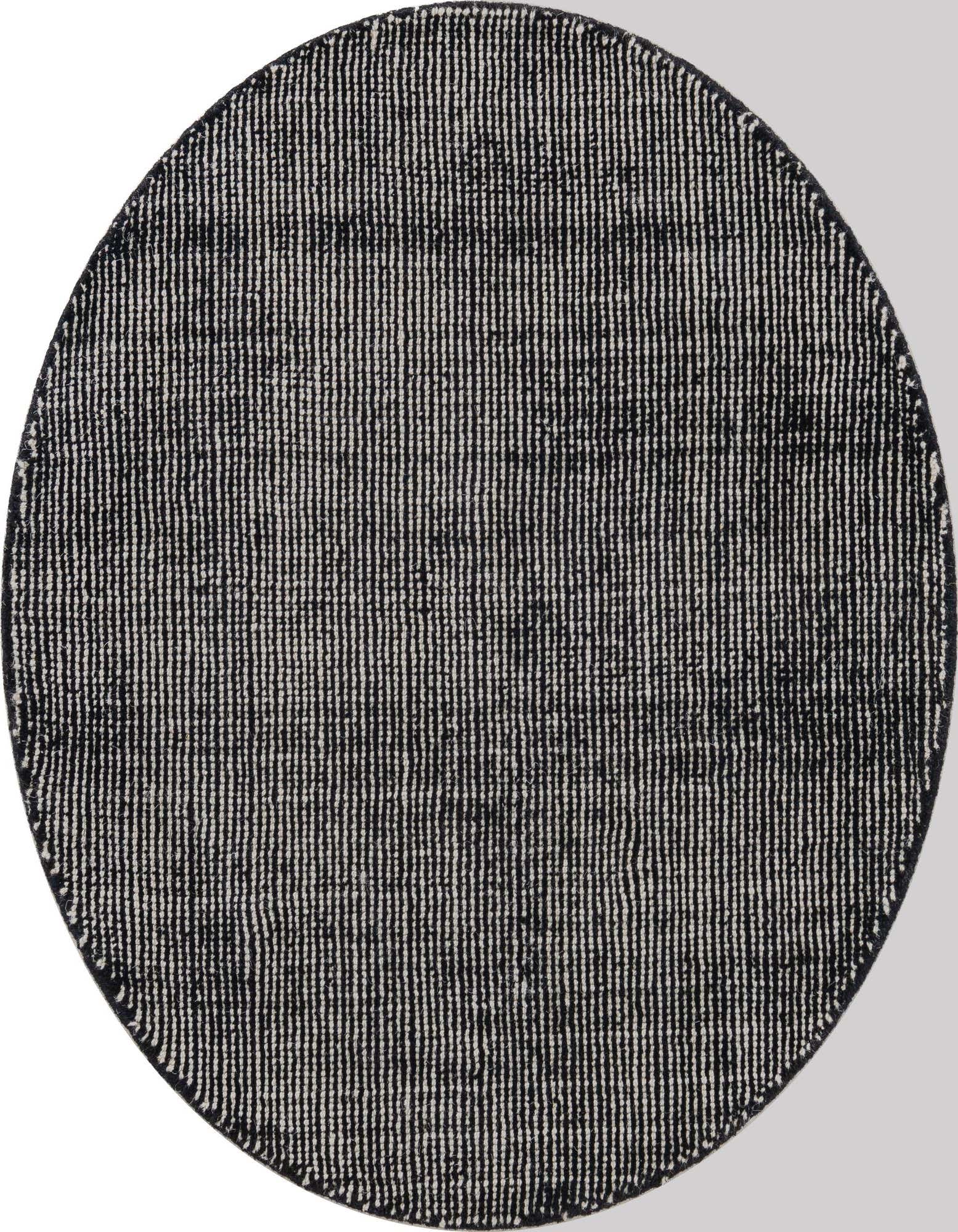 A 3' 1 x 3' 1 round black and purple modern textured wool rug with vertical stripes.