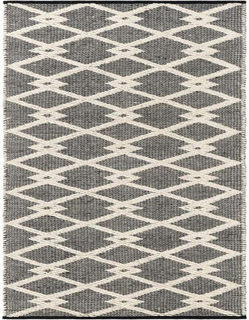 A black and cream modern runner rug with a repeating diamond pattern, ideal for a hallway or kitchen.