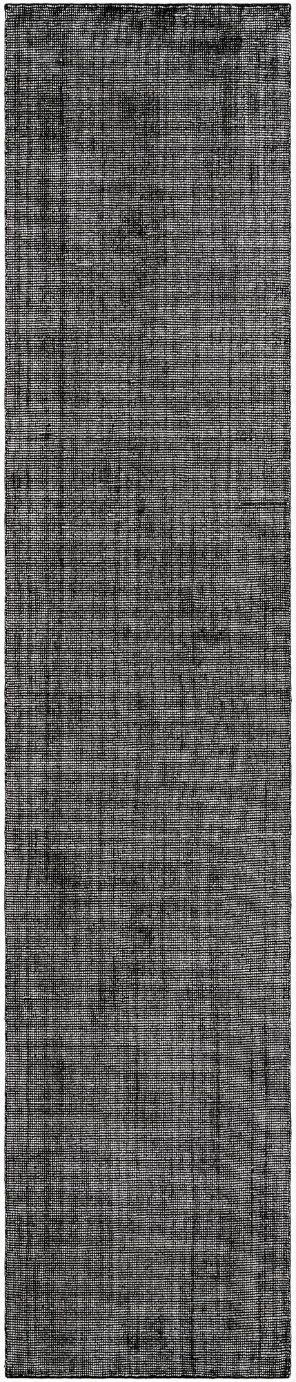 A long 20 ft runner rug in varying shades of black and deep purple, featuring a textured, high pile surface suitable for a hallway.