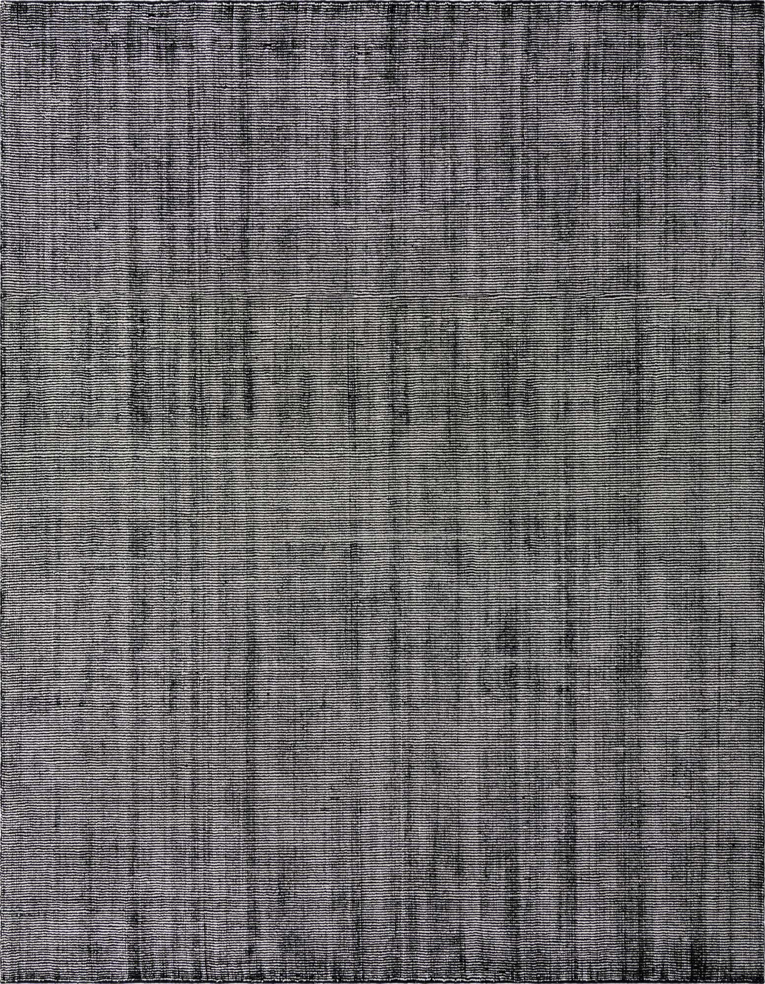 A 12'x12' square black and purple area rug with a textured, high pile and subtle striped pattern.