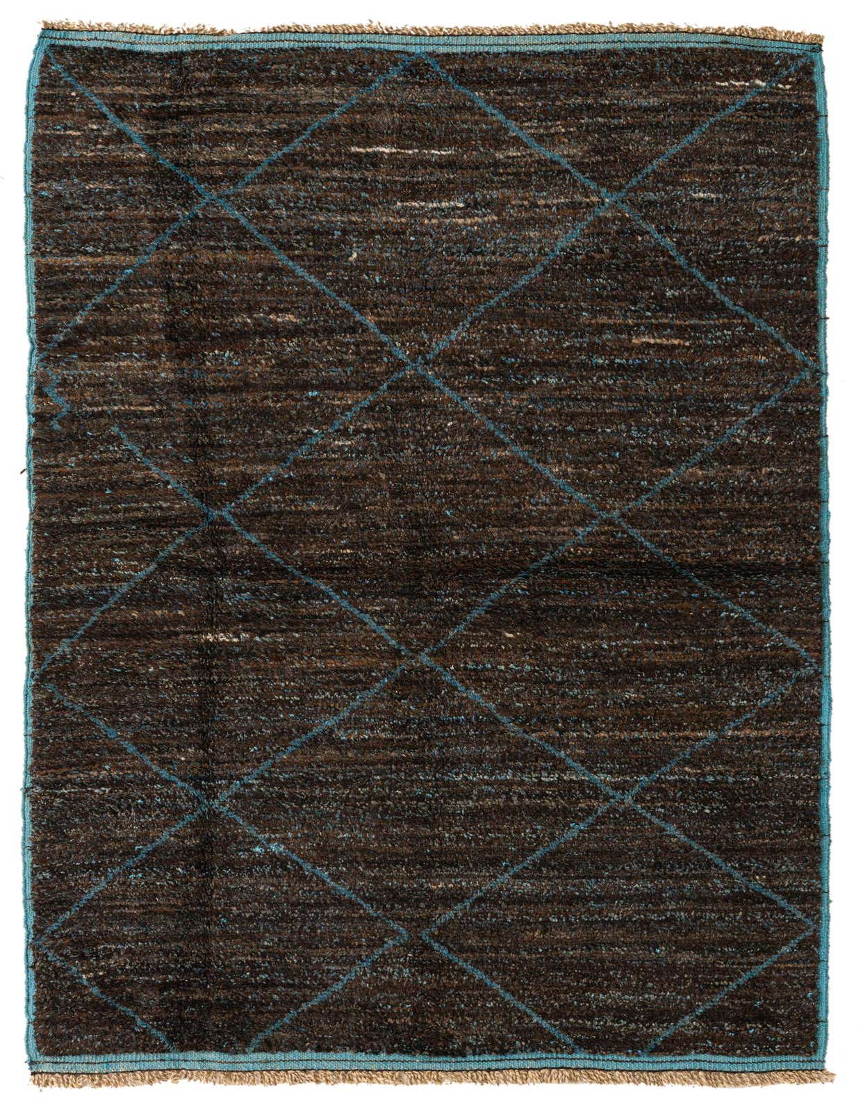 A 5x8 rectangular Moroccan shag rug in dark brown and tan with a blue tribal diamond pattern.