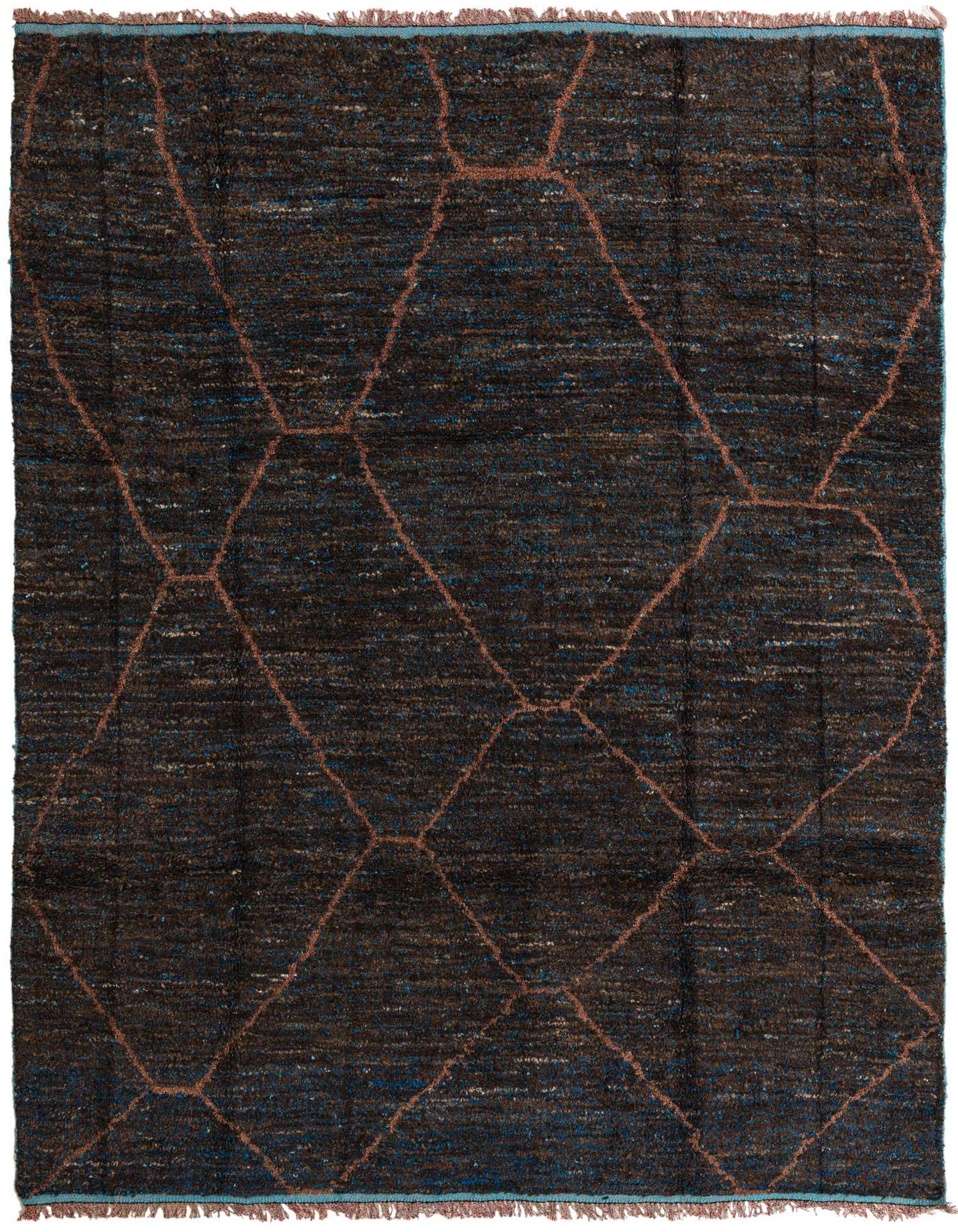 A rectangular 8x10 Moroccan shag rug in blues and browns, featuring a modern tribal pattern.
