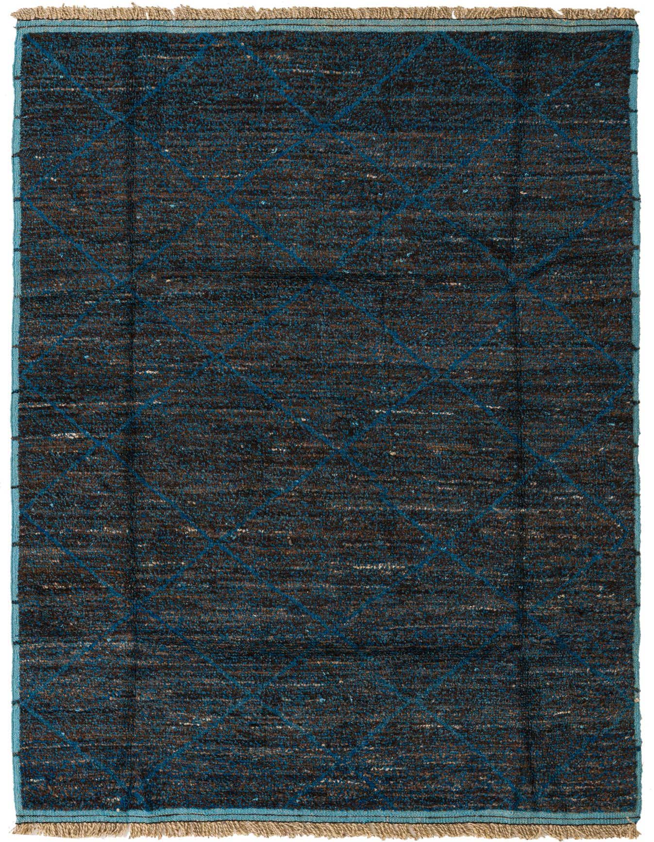 A 6x9 rectangular blue and brown tribal shag rug with a modern abstract diamond pattern, suitable for a living room.