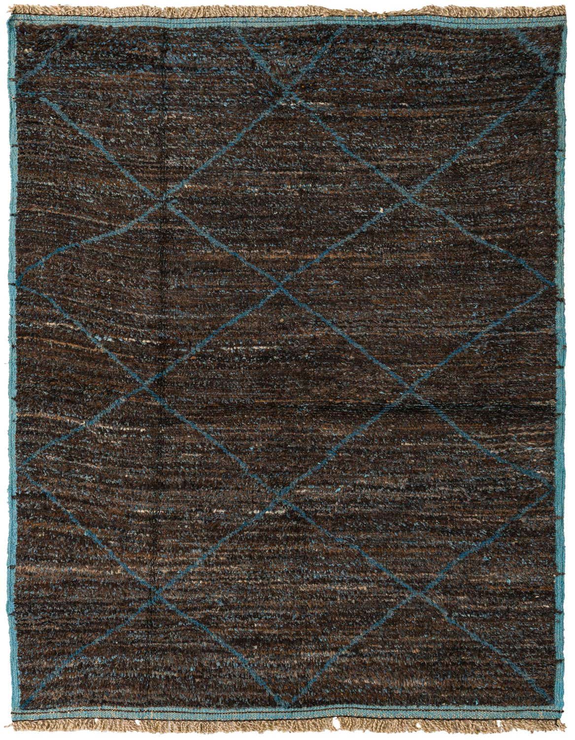 A 5x8 rectangular brown shag rug with a blue tribal diamond pattern and fringed ends, suitable for a living room.