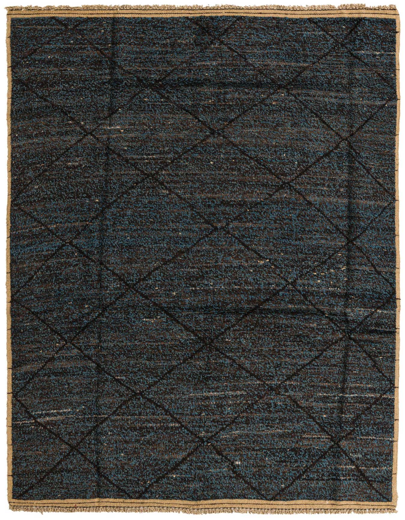 A 6x9 rectangular Moroccan shag rug in deep blues and browns with a tribal diamond pattern, ideal for a living room.