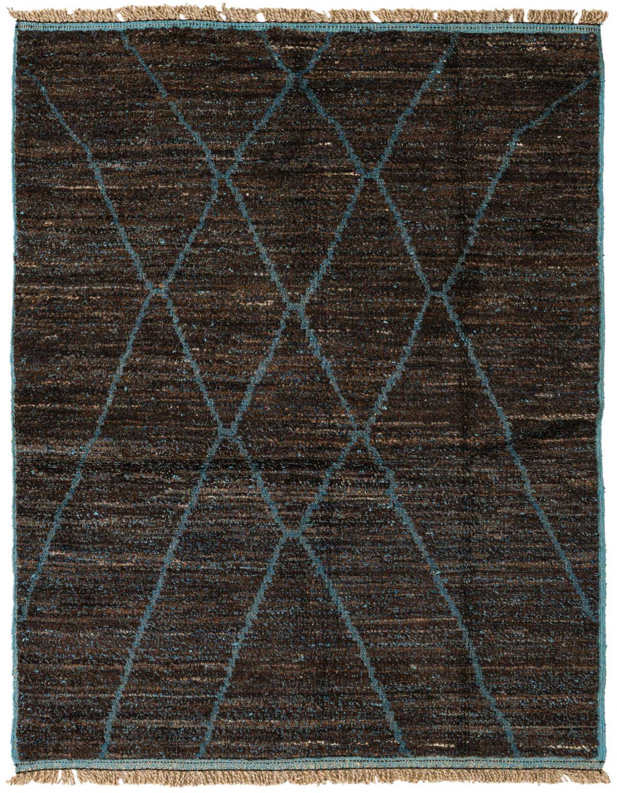 A 5x8 rectangular brown shag rug with a modern tribal blue diamond pattern and fringed edges, suitable for a living room.