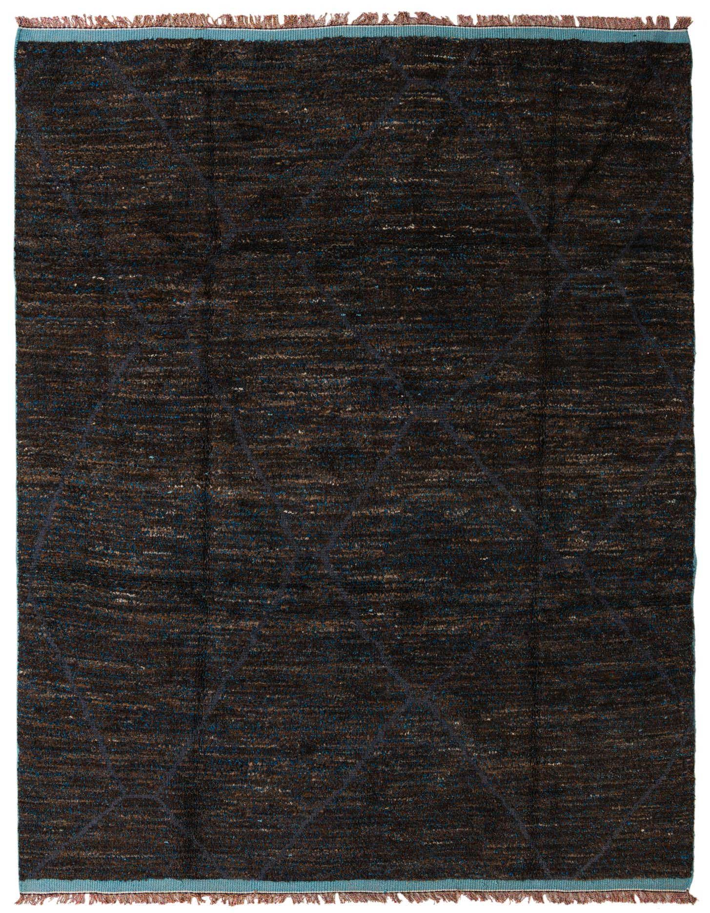 An 8x11 rectangular shag rug featuring a tribal abstract pattern in deep blues and browns, with a subtle light blue border.