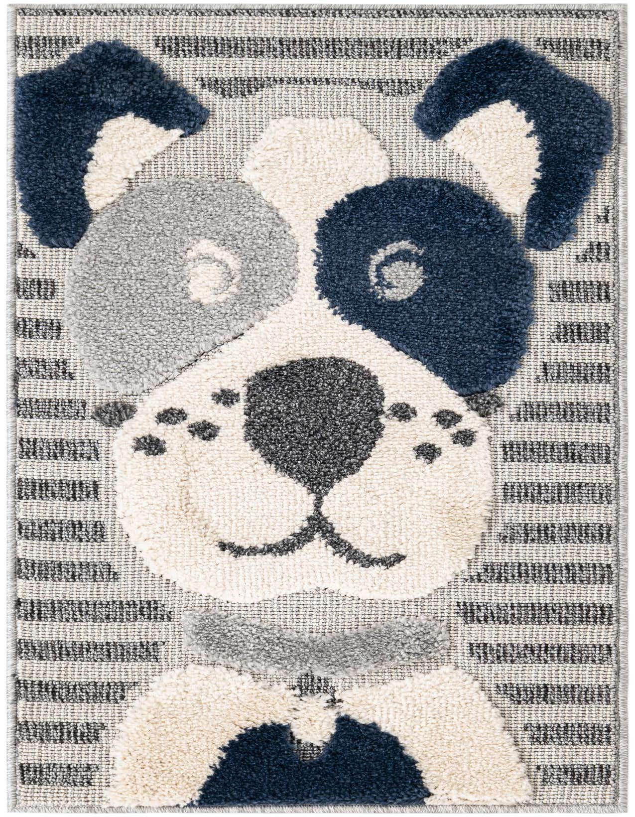 A rectangular 2x3 rug featuring a playful dog face in blues, grays, and cream, ideal for a kid's room.