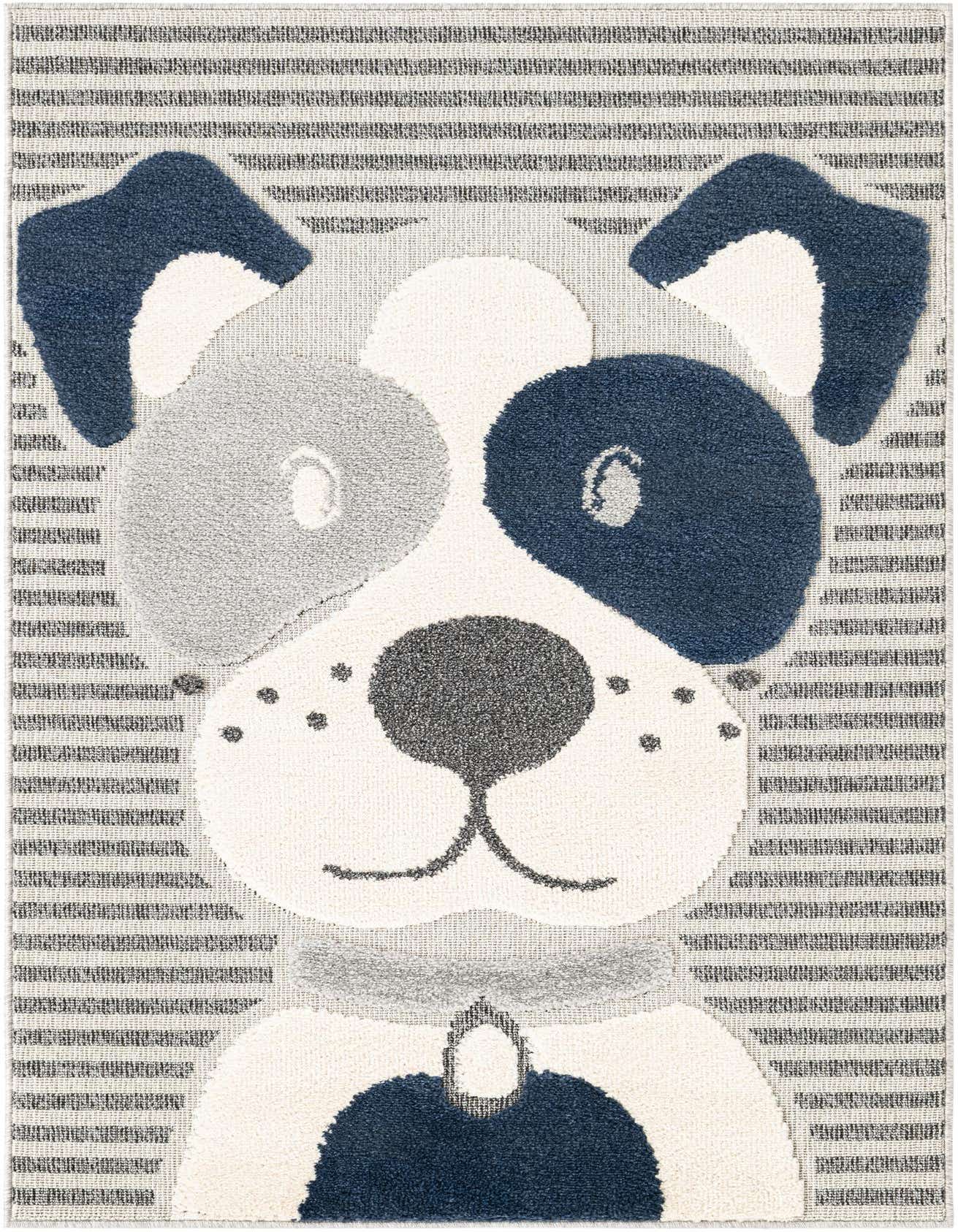A 4x6 rectangular rug featuring a friendly dog's face in shades of blue, gray, and white, with a striped background.