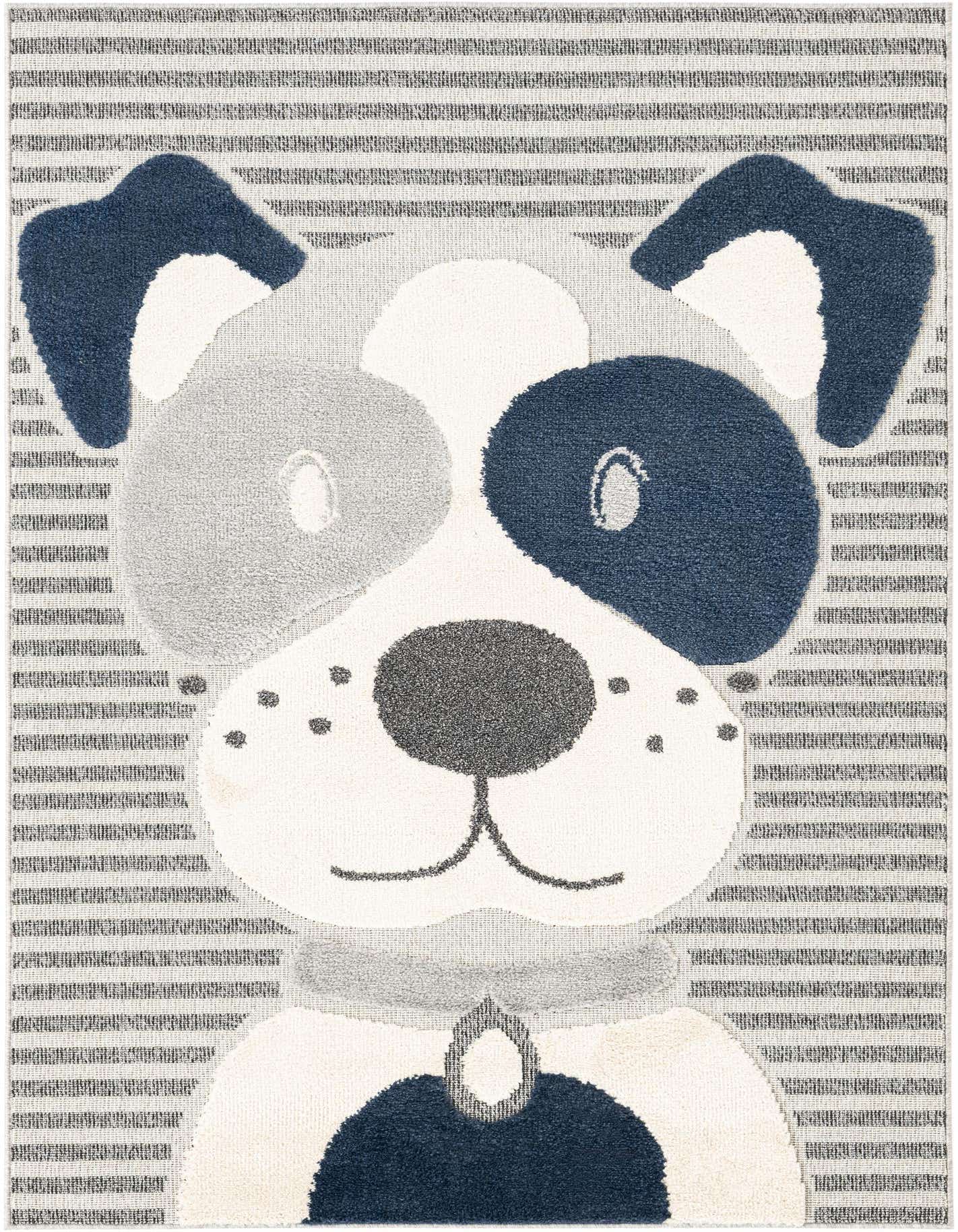 A 5x7 rectangular Whimsy Kids rug featuring a playful dog face in blues, grays, and white, with a striped background.