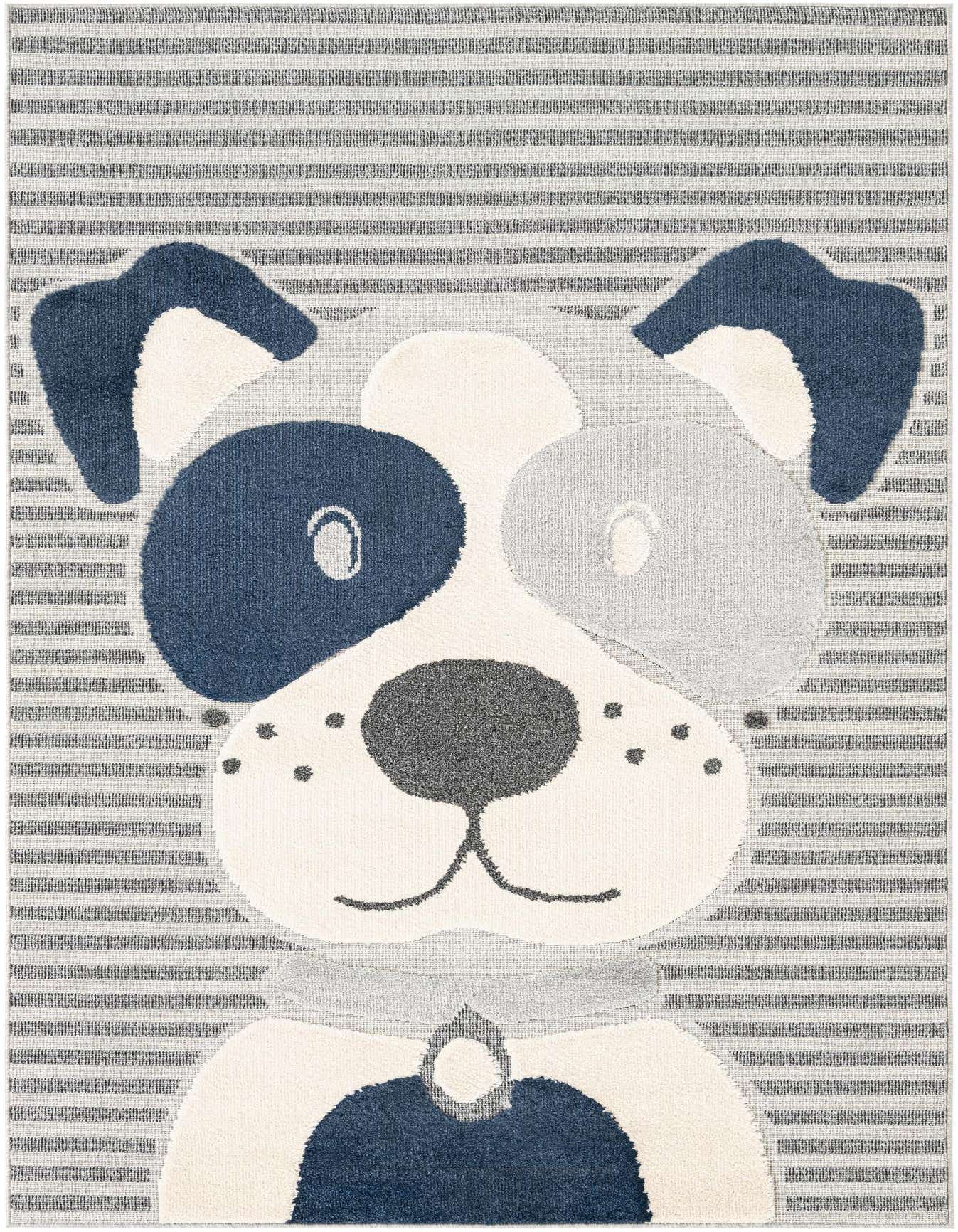 A 6x9 rectangular rug featuring a friendly blue, gray, and white dog face with a textured pile on a striped background, perfect for a child's room.